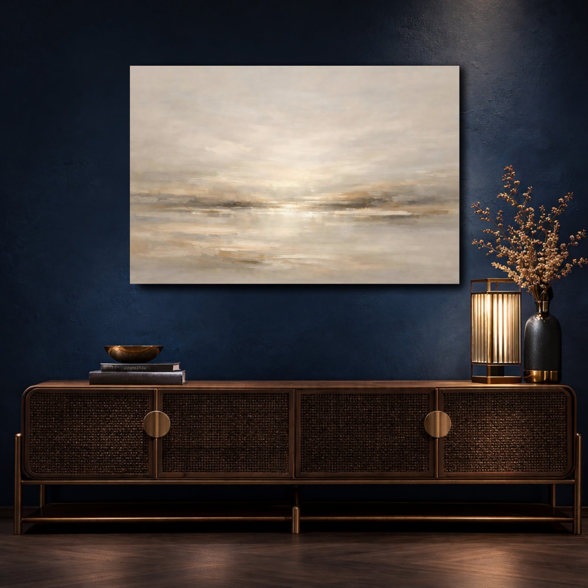 Mockup 4. Abstract Abstract Horizon Neutral Tones shown as stretched canvas wall art