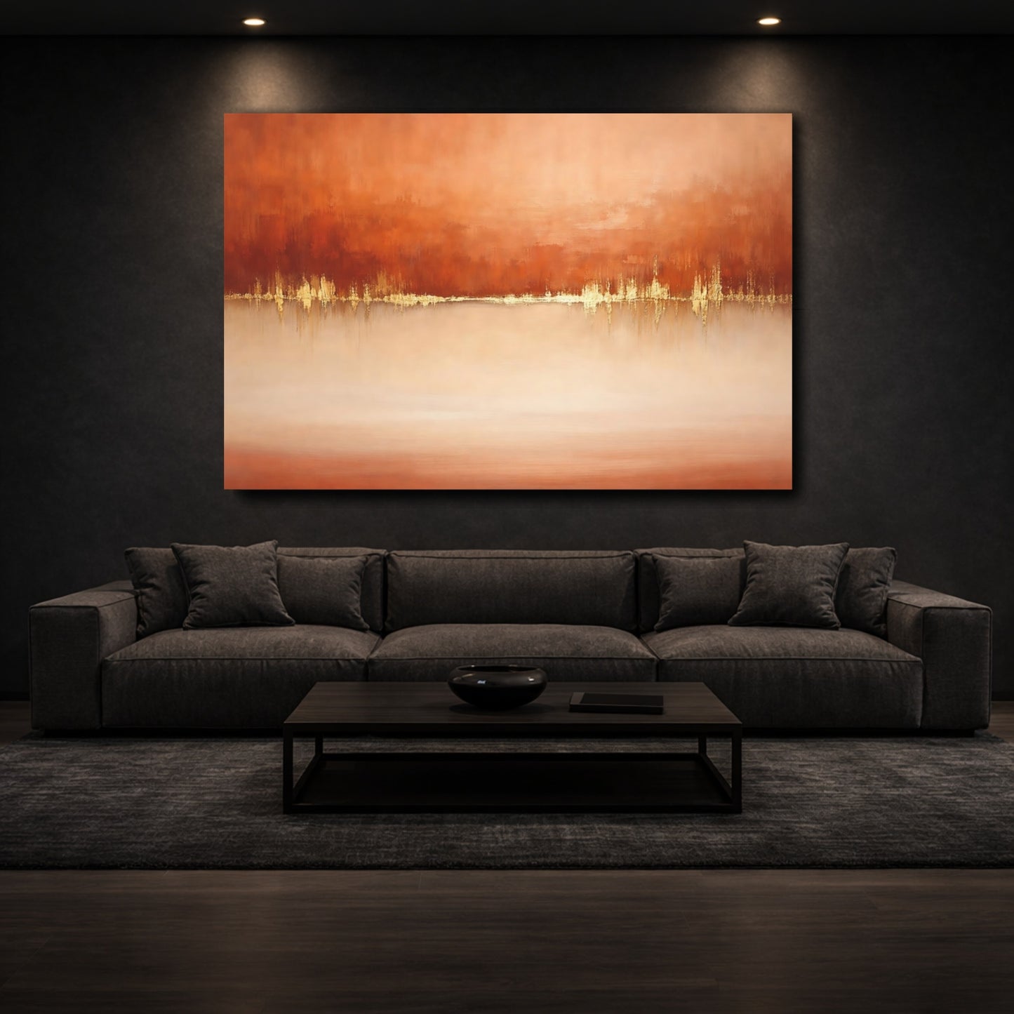 Mockup 2. Abstract Abstract Horizon Orange Gold Abstract shown as stretched canvas wall art