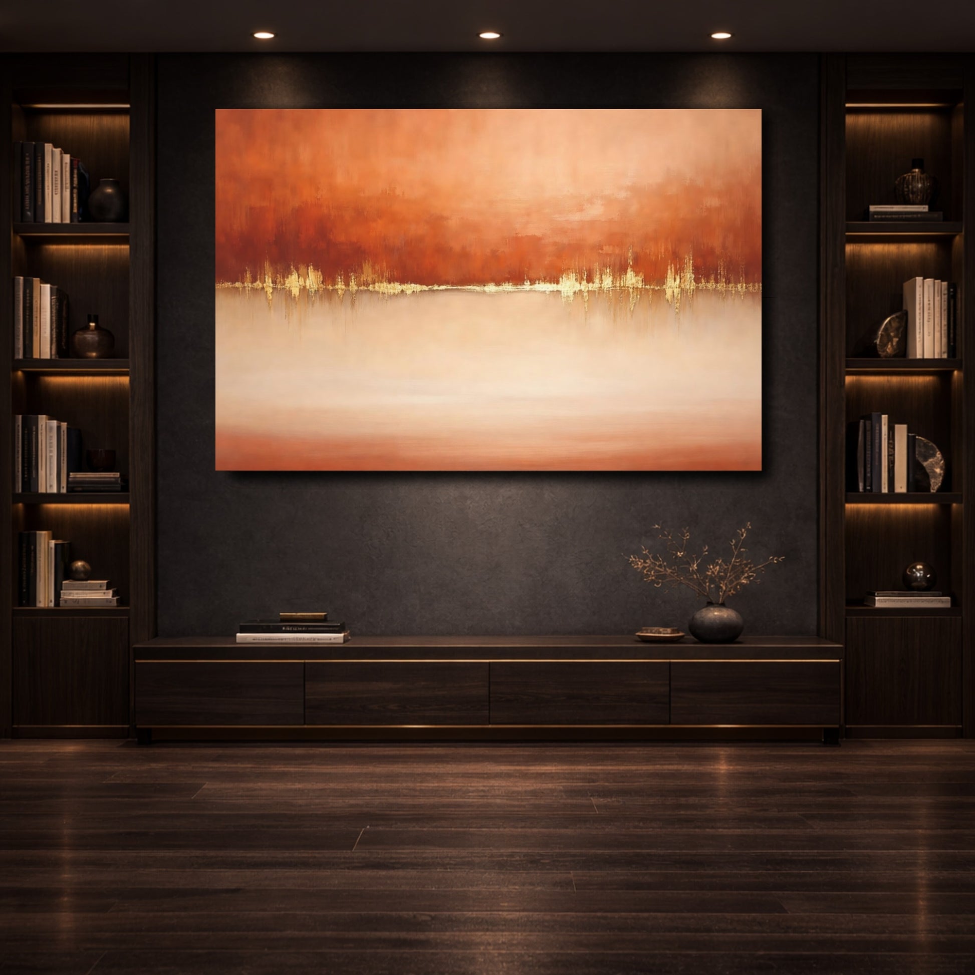 Mockup 3. Abstract Abstract Horizon Orange Gold Abstract shown as stretched canvas wall art