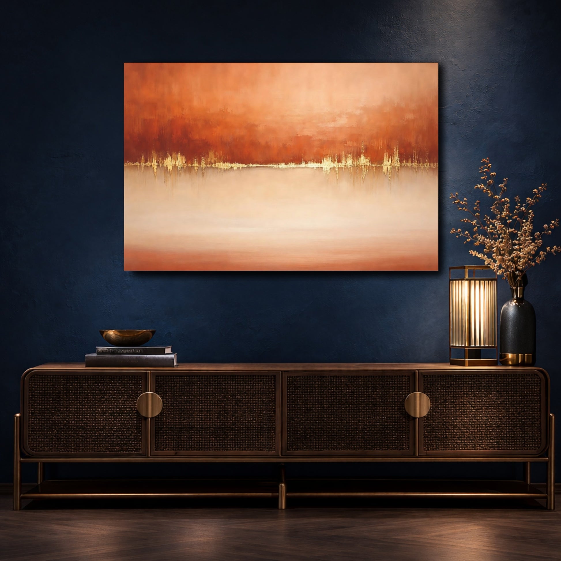 Mockup 4. Abstract Abstract Horizon Orange Gold Abstract shown as stretched canvas wall art