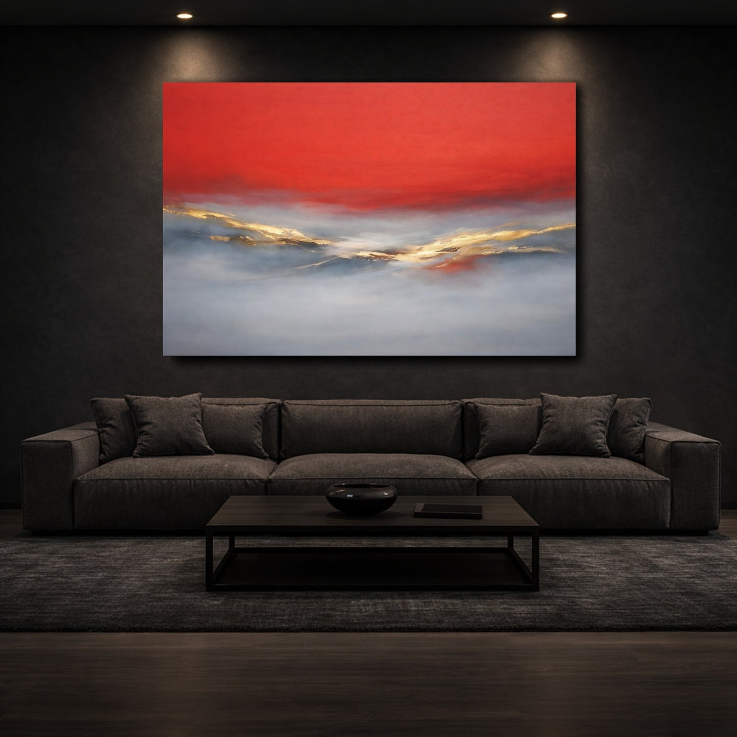 Mockup 2. Abstract Abstract Horizon Red Gold Grey shown as stretched canvas wall art