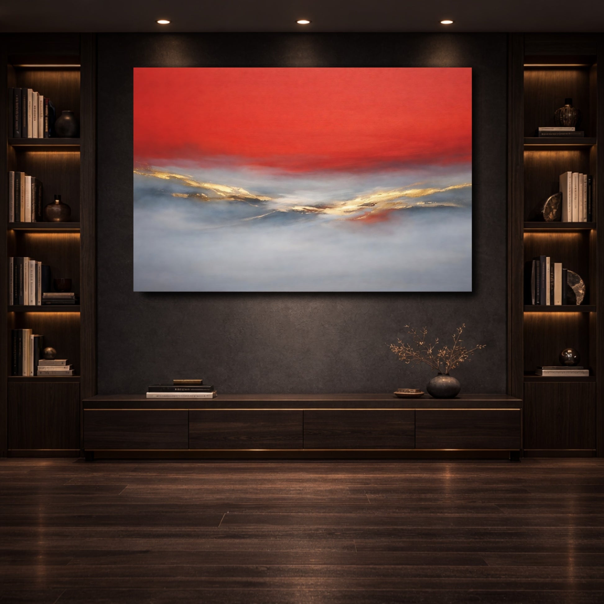 Mockup 3. Abstract Abstract Horizon Red Gold Grey shown as stretched canvas wall art