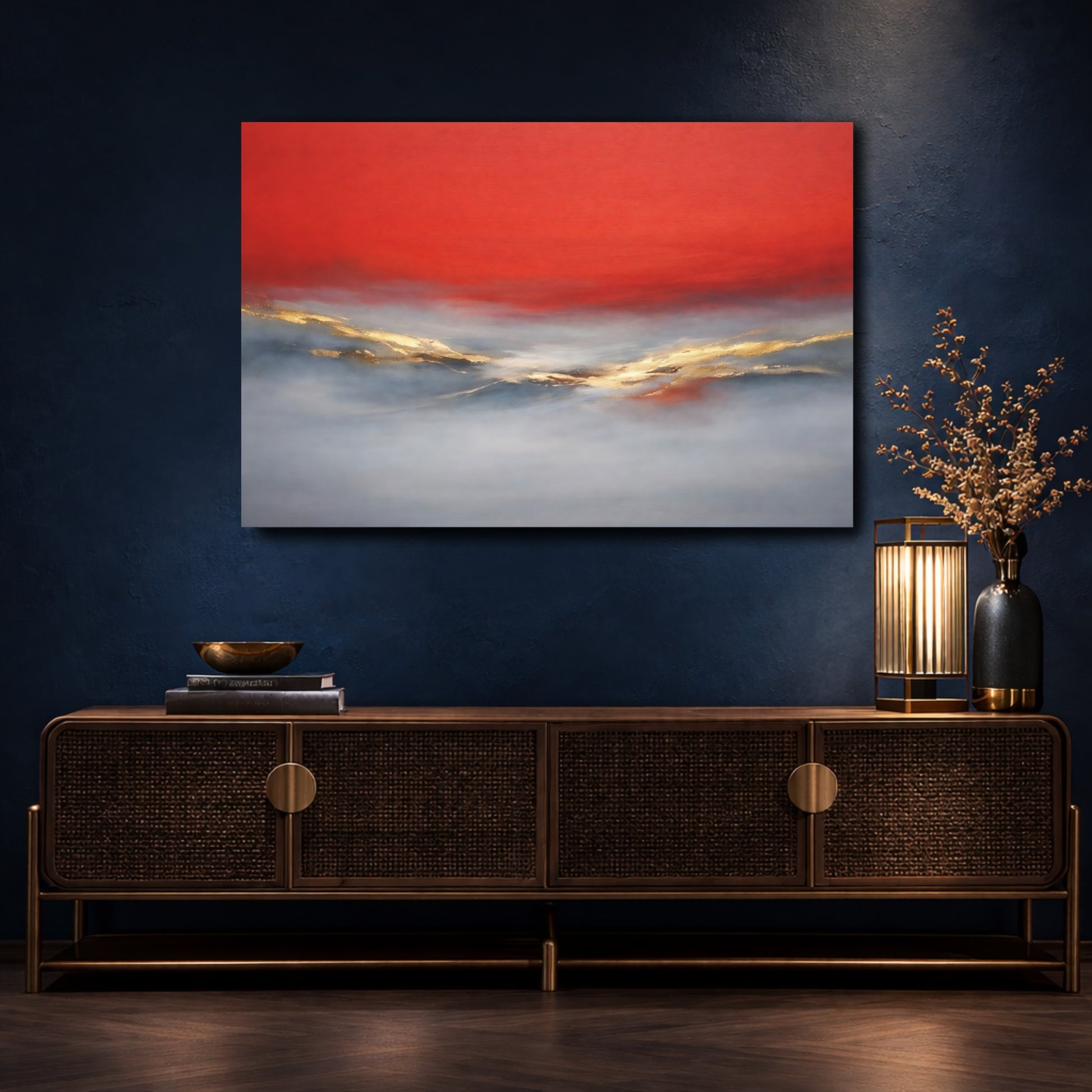 Mockup 4. Abstract Abstract Horizon Red Gold Grey shown as stretched canvas wall art
