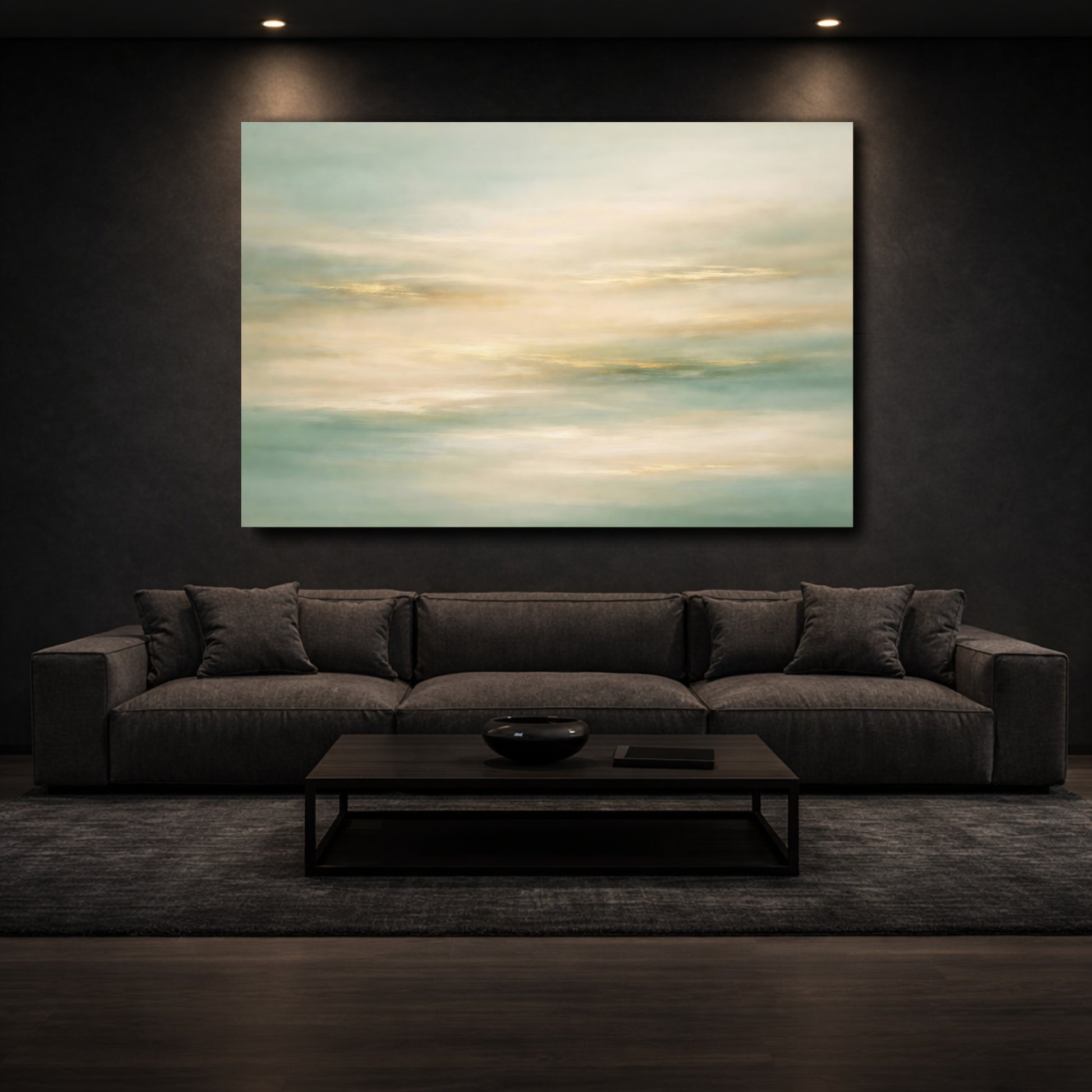 Mockup 2. Abstract Abstract Horizon Teal Gold Abstract shown as stretched canvas wall art