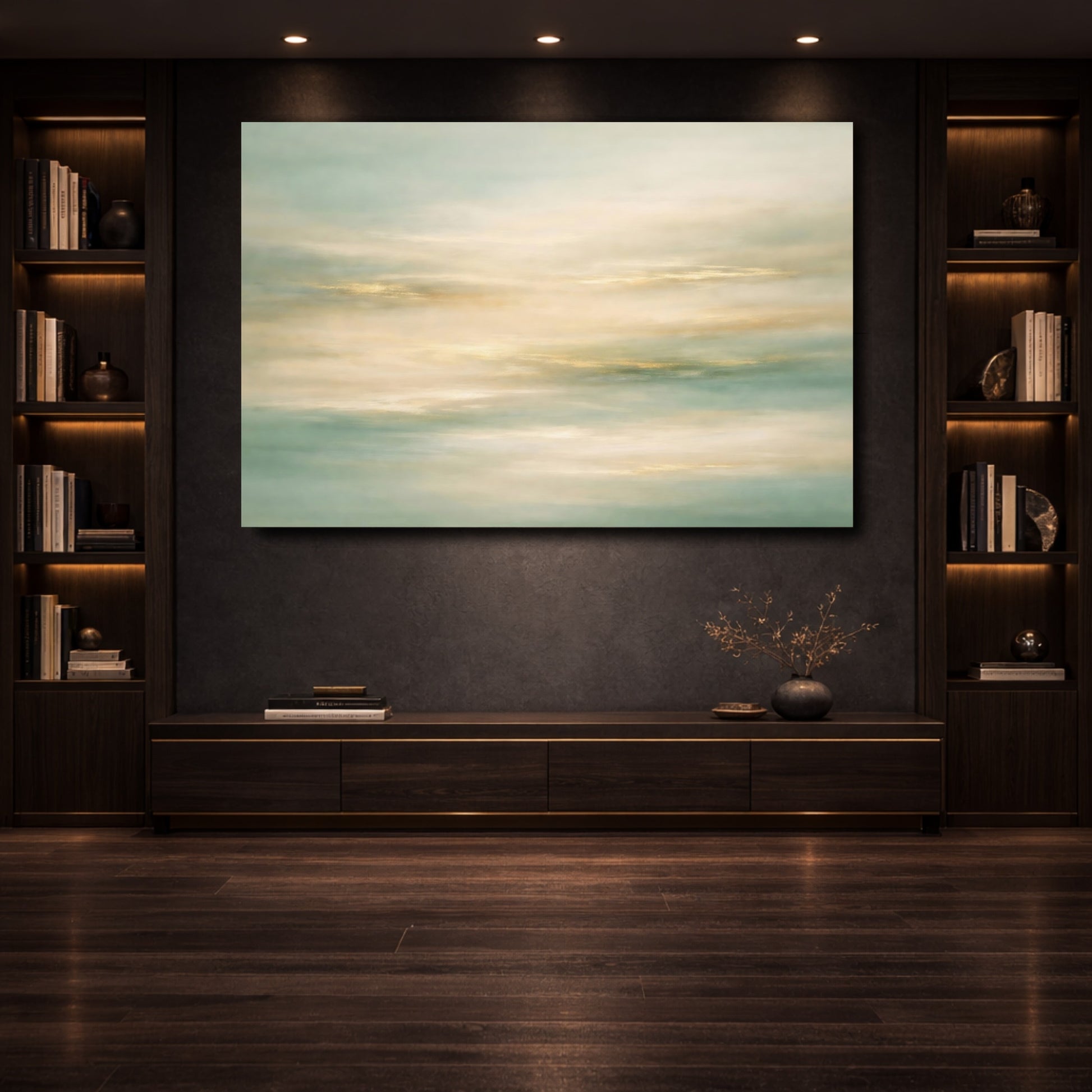 Mockup 3. Abstract Abstract Horizon Teal Gold Abstract shown as stretched canvas wall art
