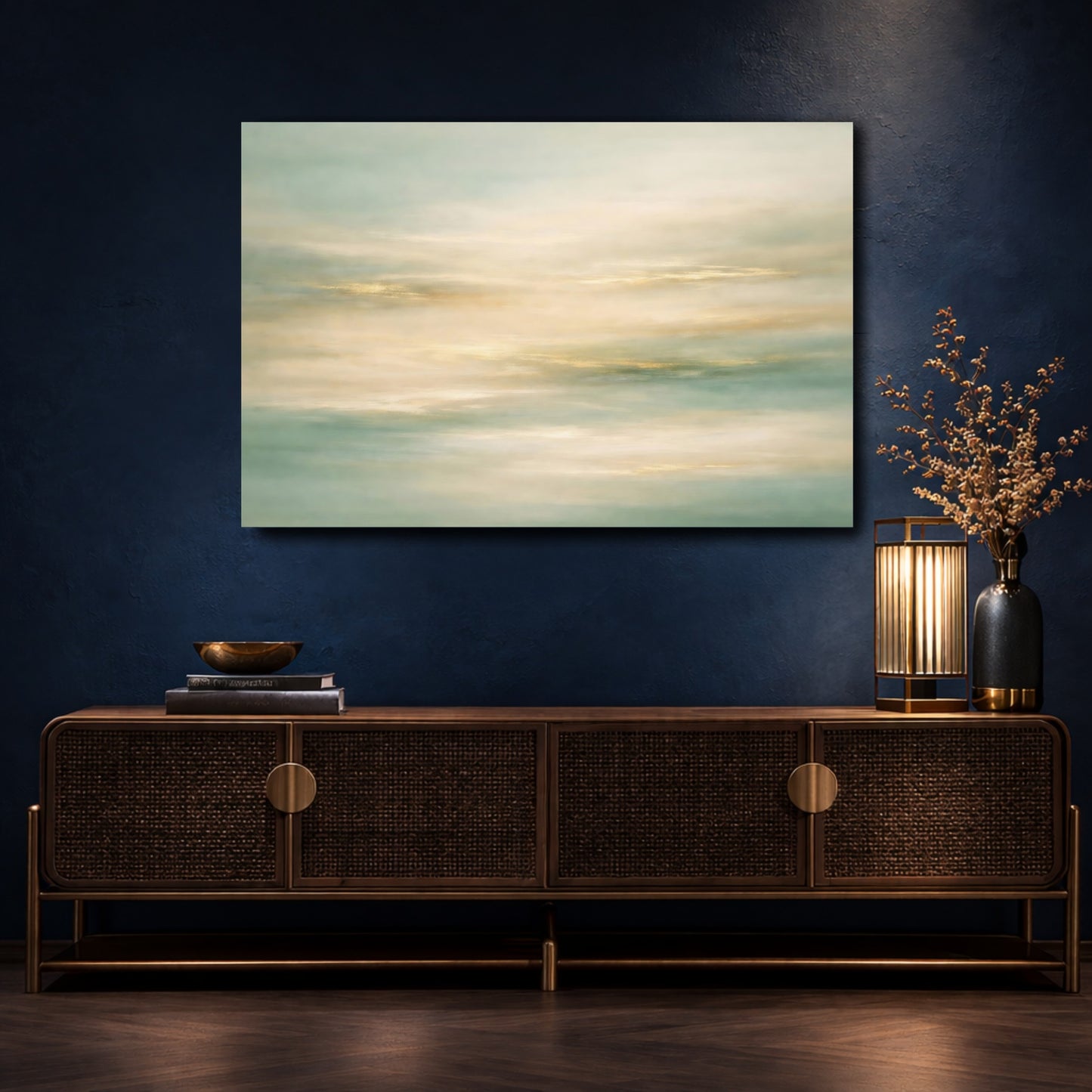 Mockup 4. Abstract Abstract Horizon Teal Gold Abstract shown as stretched canvas wall art