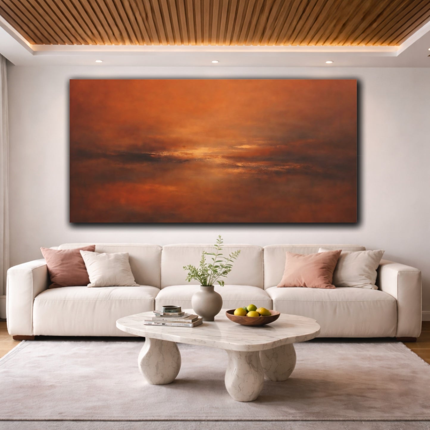 Mockup 3. Abstract Abstract Horizon Warm Abstract shown as stretched canvas wall art