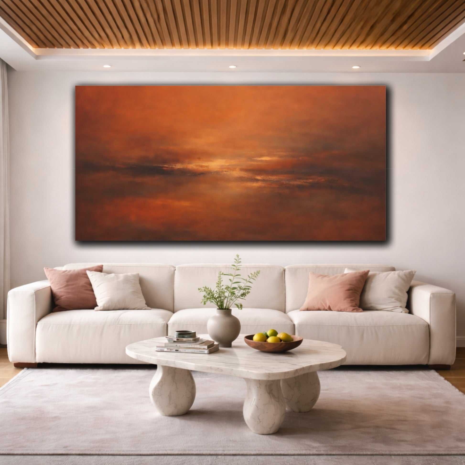 Mockup 3. Abstract Abstract Horizon Warm Abstract shown as stretched canvas wall art