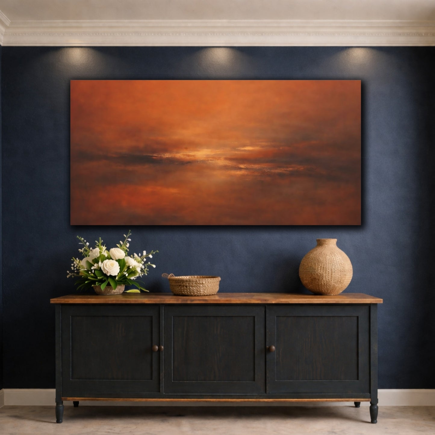 Mockup 4. Abstract Abstract Horizon Warm Abstract shown as stretched canvas wall art