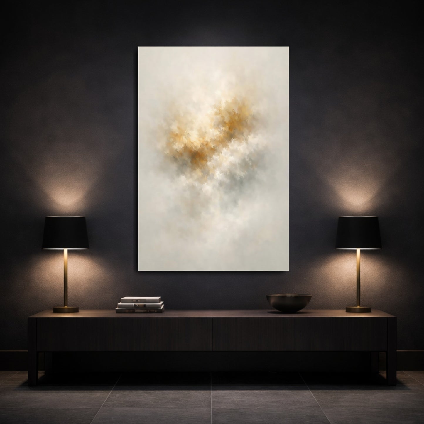 Abstract Abstract Hues Neutral Gold shown as front canvas room wall art