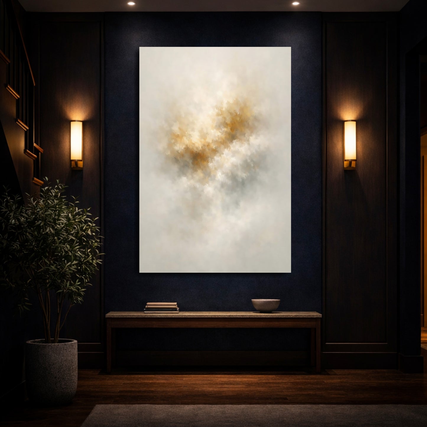 Abstract Abstract Hues Neutral Gold shown as front canvas room wall art