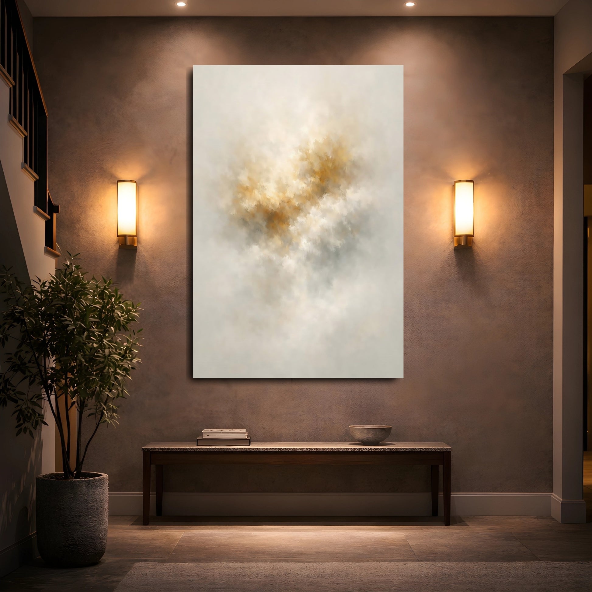 Abstract Abstract Hues Neutral Gold shown as front canvas room wall art