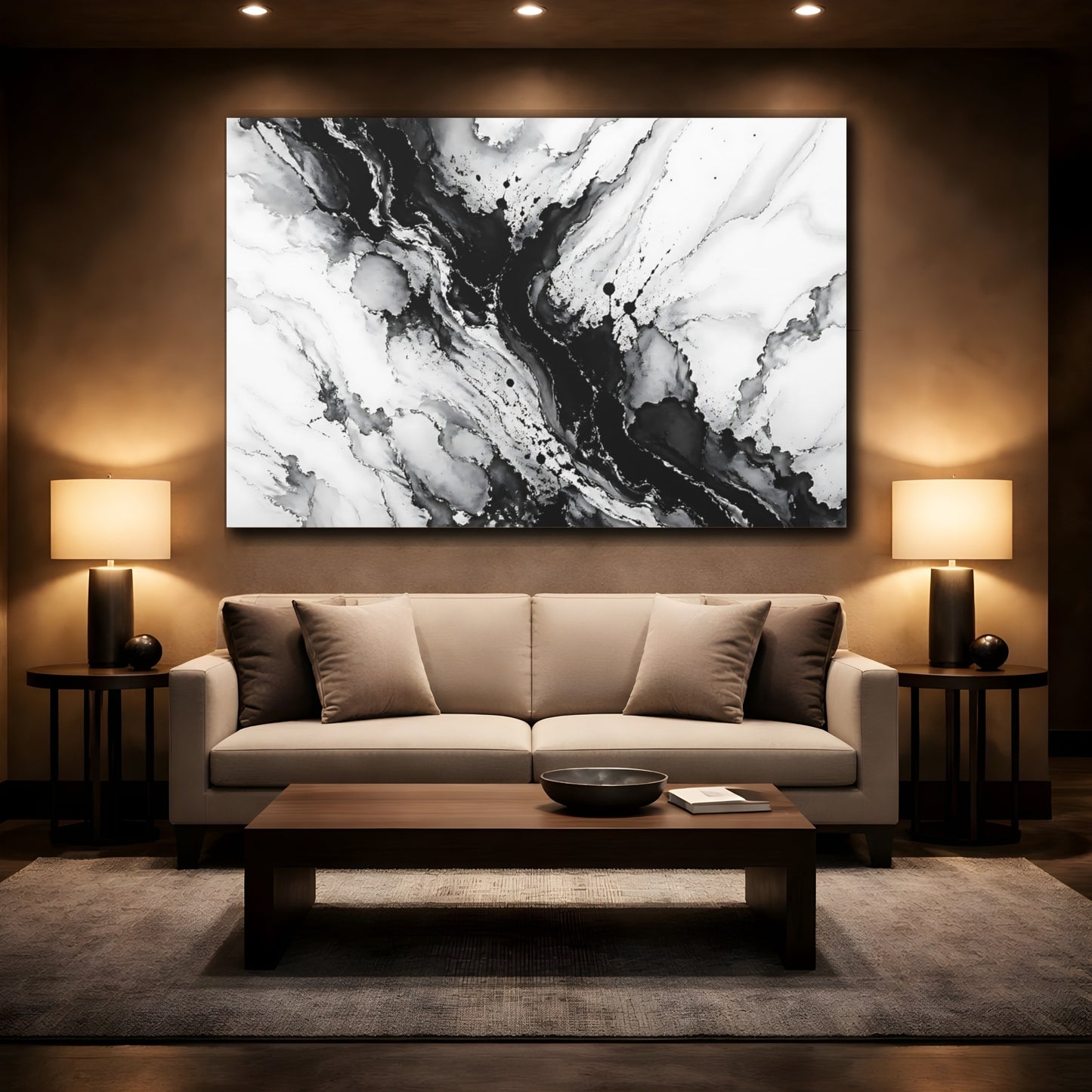 Mockup 2. Abstract Abstract Ink Black And White shown as stretched canvas wall art