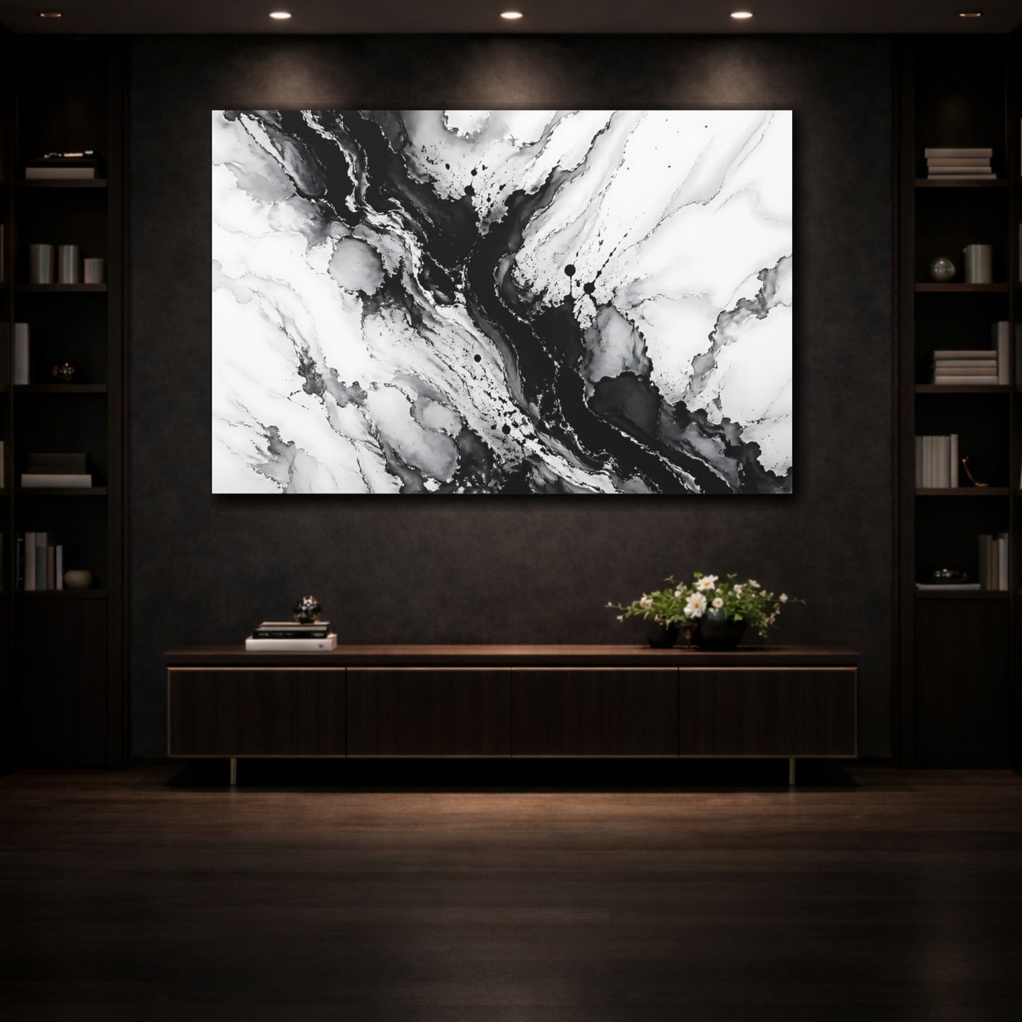 Mockup 3. Abstract Abstract Ink Black And White shown as stretched canvas wall art