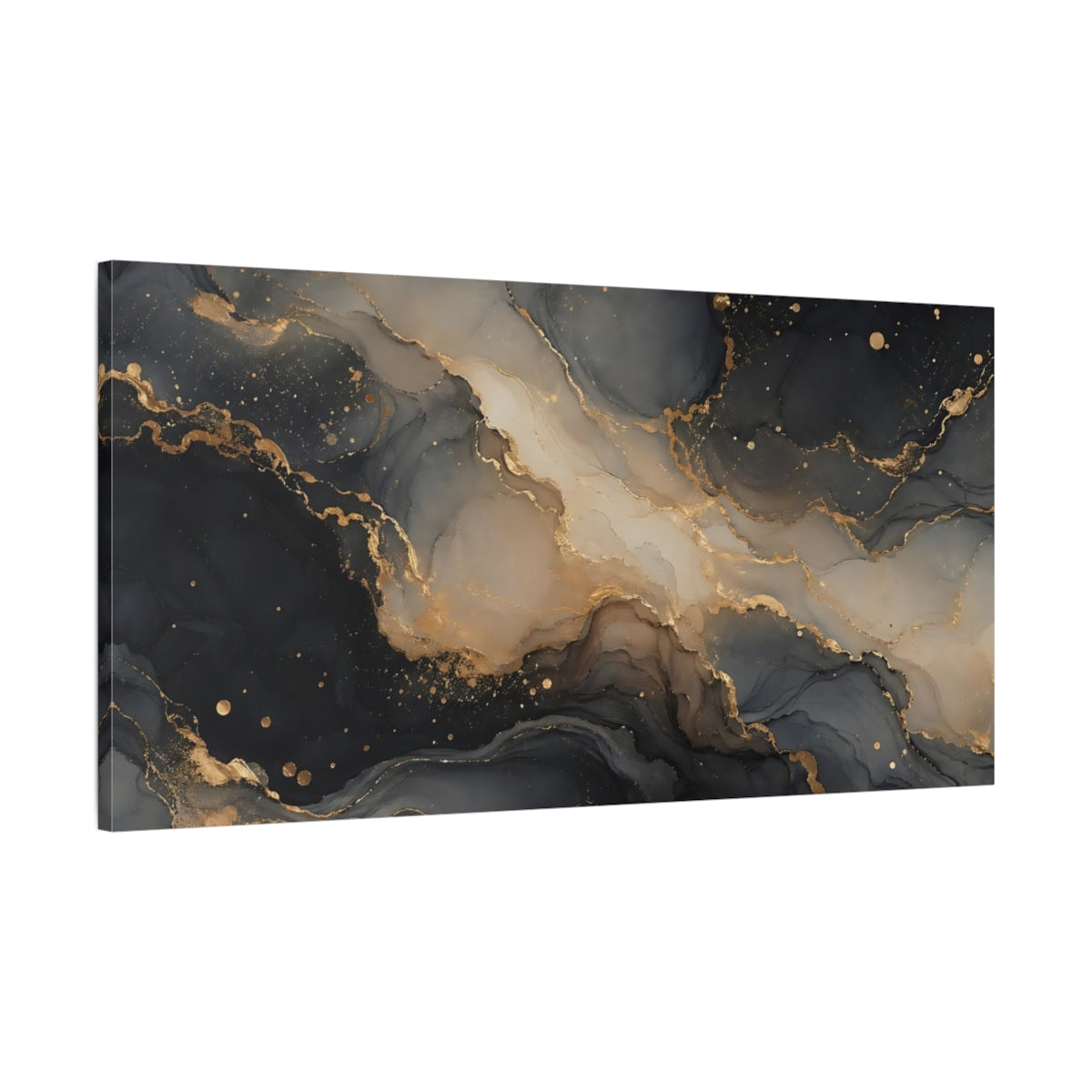 Main Mockup. Abstract Abstract Ink Black Gold Abstract shown as stretched canvas wall art