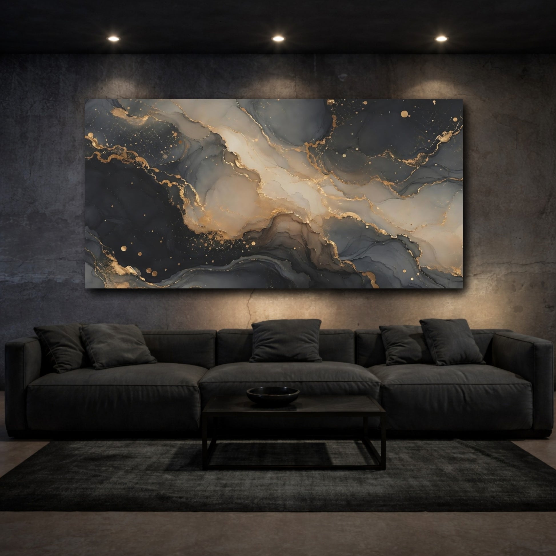 Mockup 2. Abstract Abstract Ink Black Gold Abstract shown as stretched canvas wall art