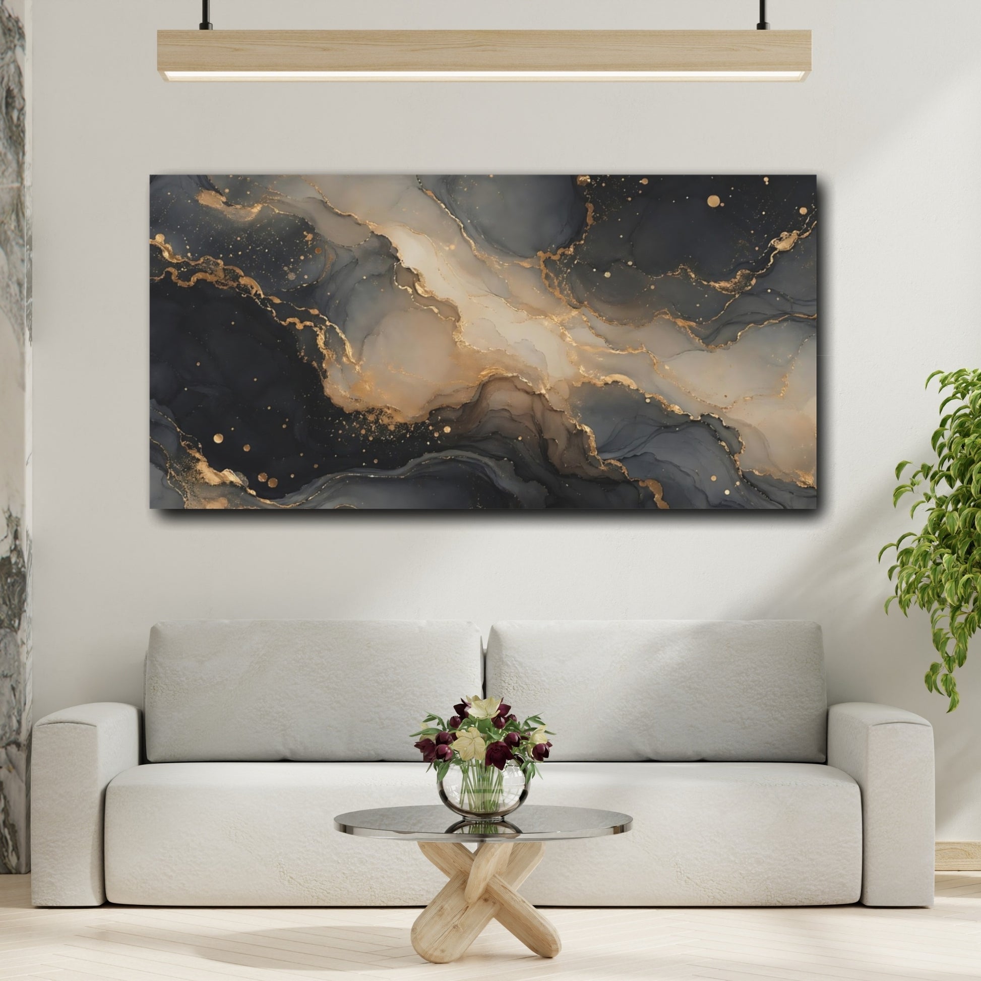Mockup 3. Abstract Abstract Ink Black Gold Abstract shown as stretched canvas wall art