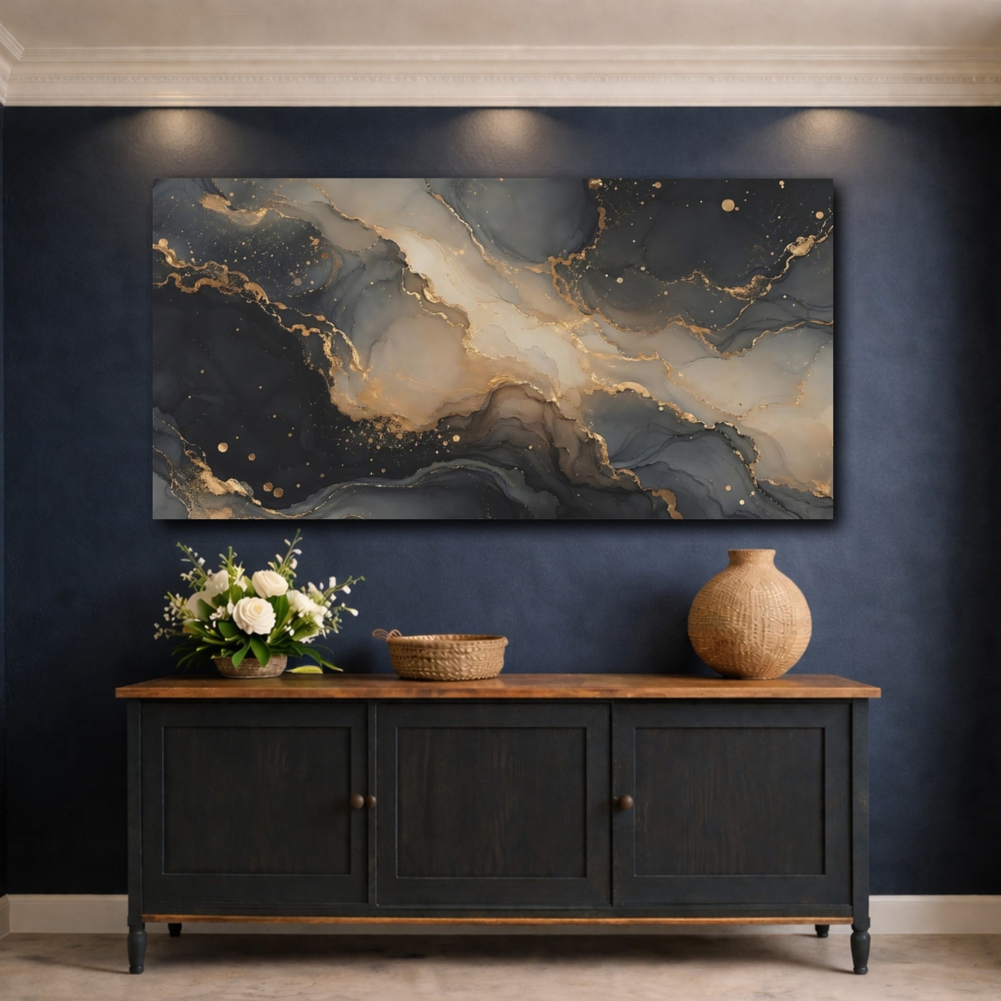 Mockup 4. Abstract Abstract Ink Black Gold Abstract shown as stretched canvas wall art