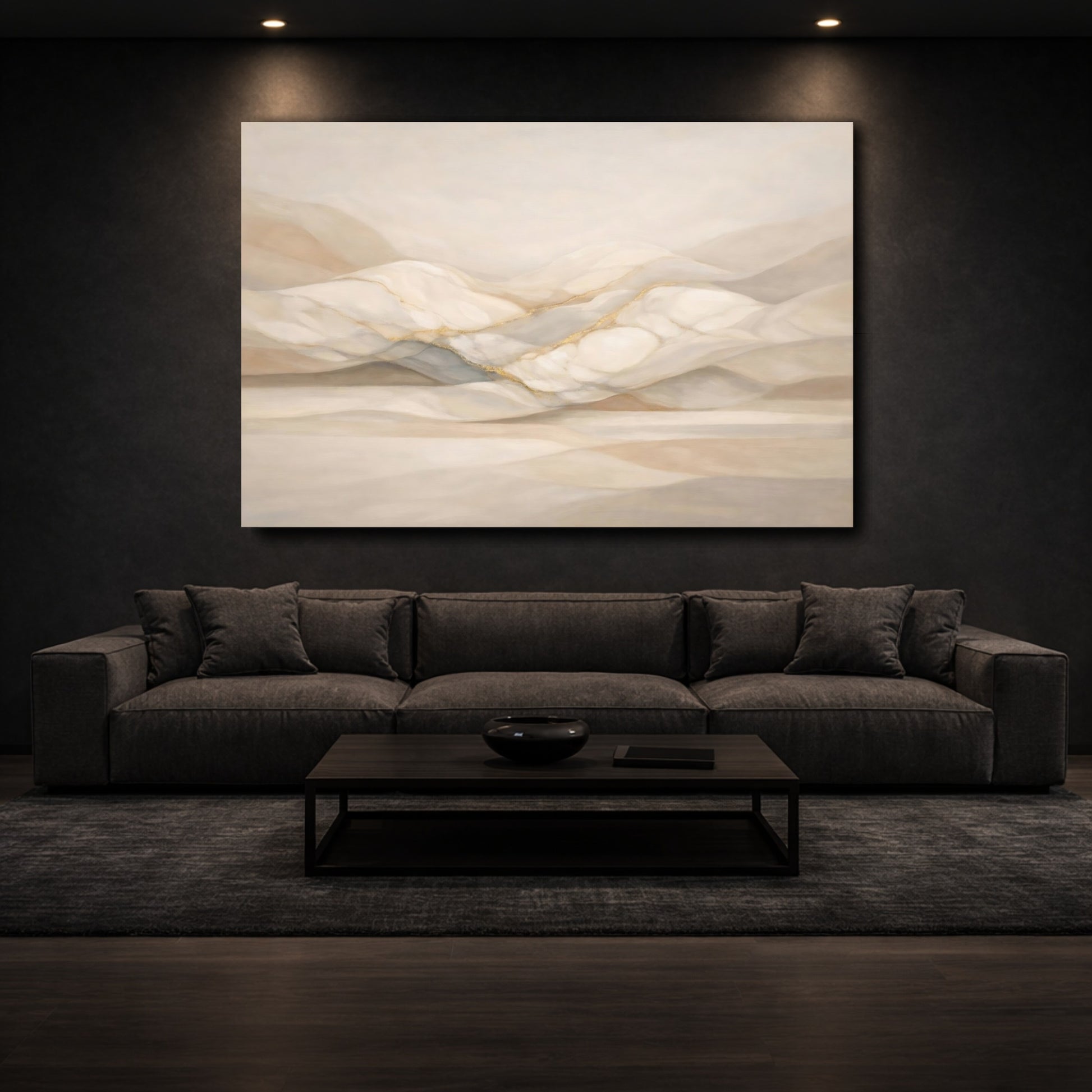 Mockup 2. Abstract Abstract Landscape Beige Gold shown as stretched canvas wall art