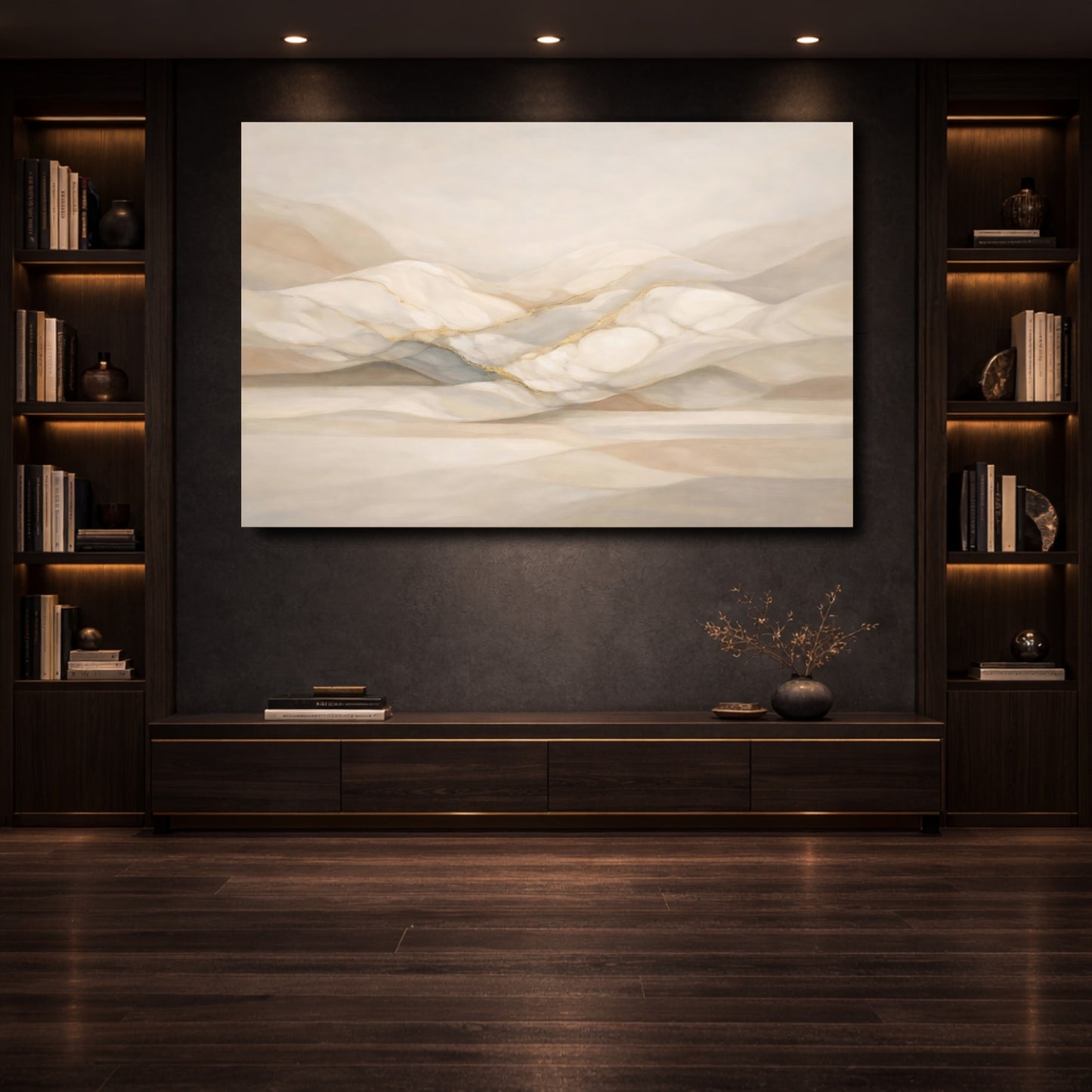 Mockup 3. Abstract Abstract Landscape Beige Gold shown as stretched canvas wall art