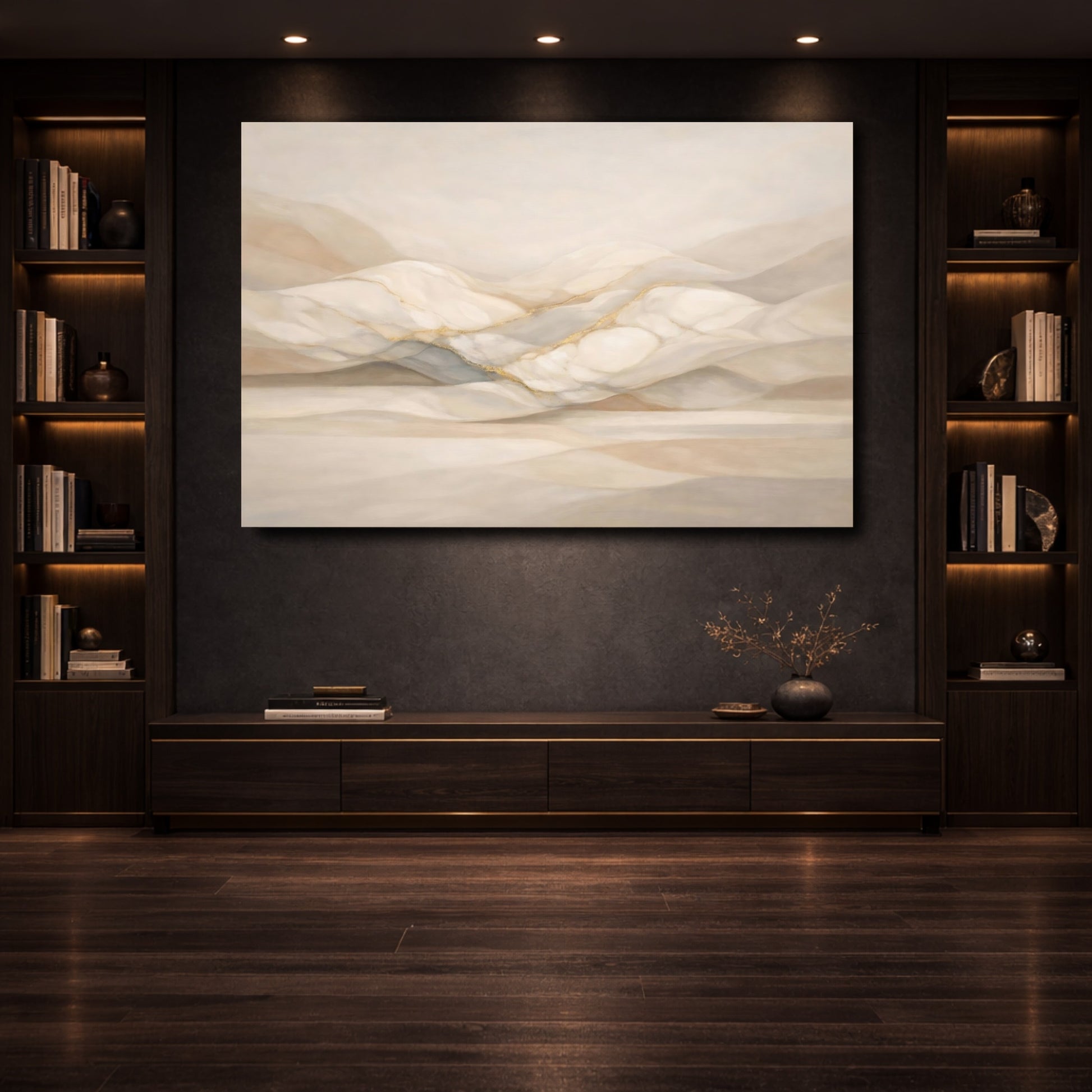 Mockup 3. Abstract Abstract Landscape Beige Gold shown as stretched canvas wall art