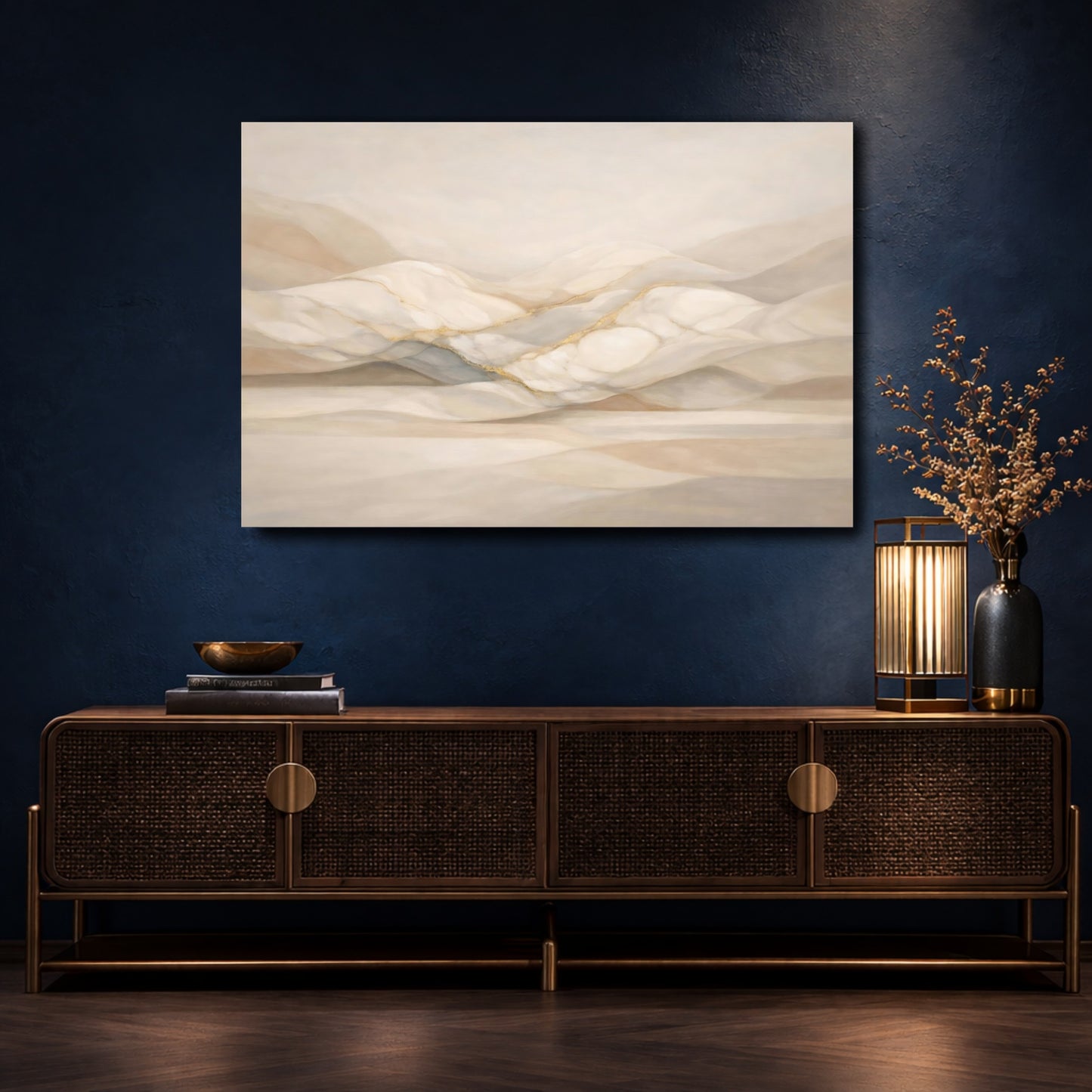 Mockup 4. Abstract Abstract Landscape Beige Gold shown as stretched canvas wall art