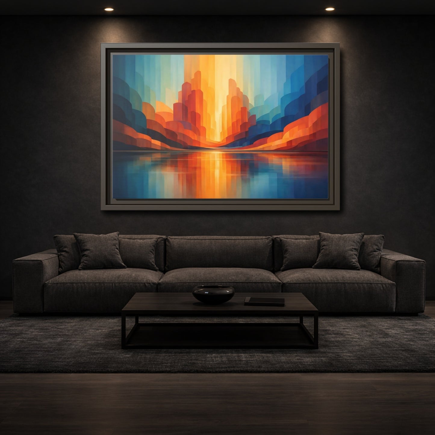 Mockup 2. Abstract Abstract Landscape Blue Orange Abstract shown as stretched canvas wall art
