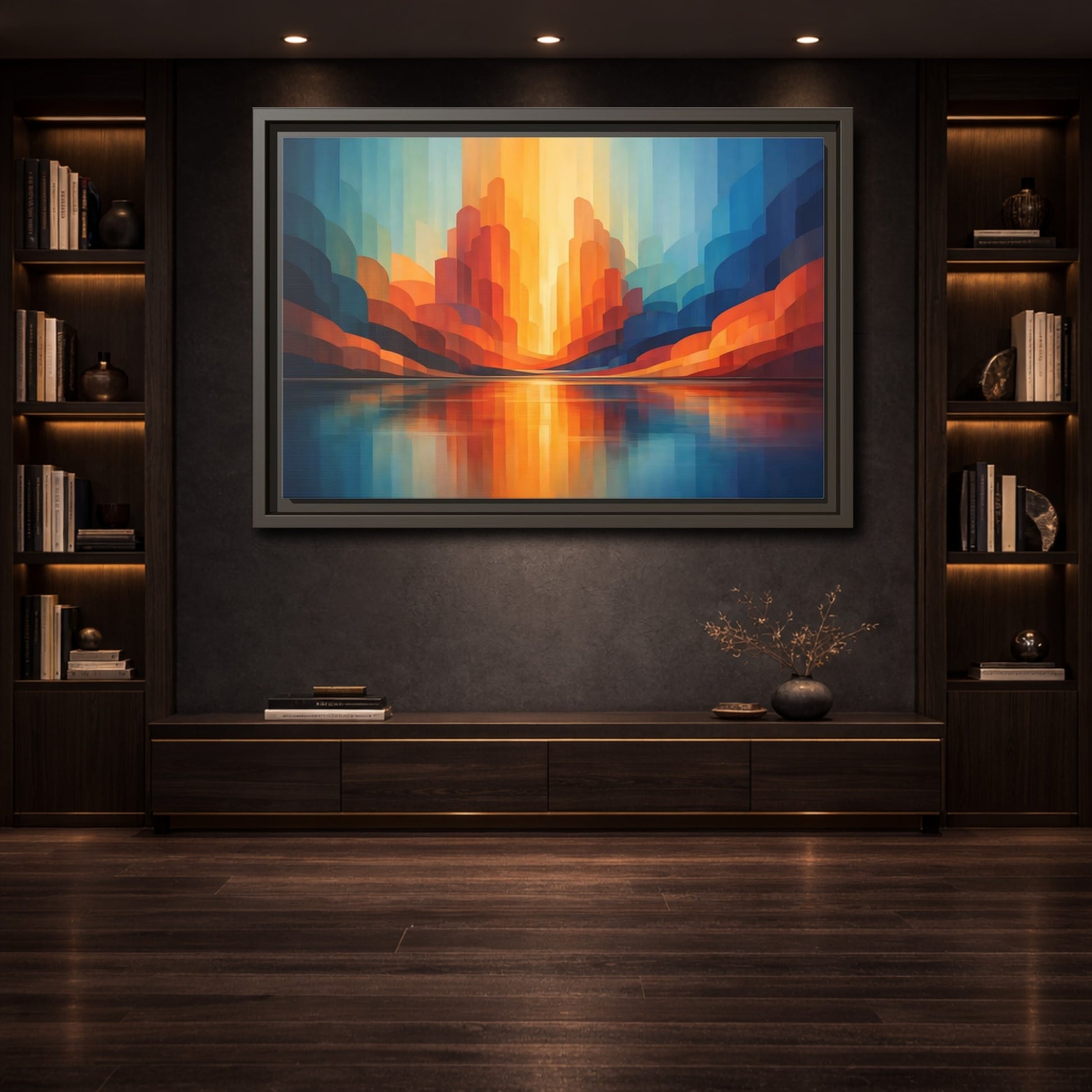 Mockup 3. Abstract Abstract Landscape Blue Orange Abstract shown as stretched canvas wall art