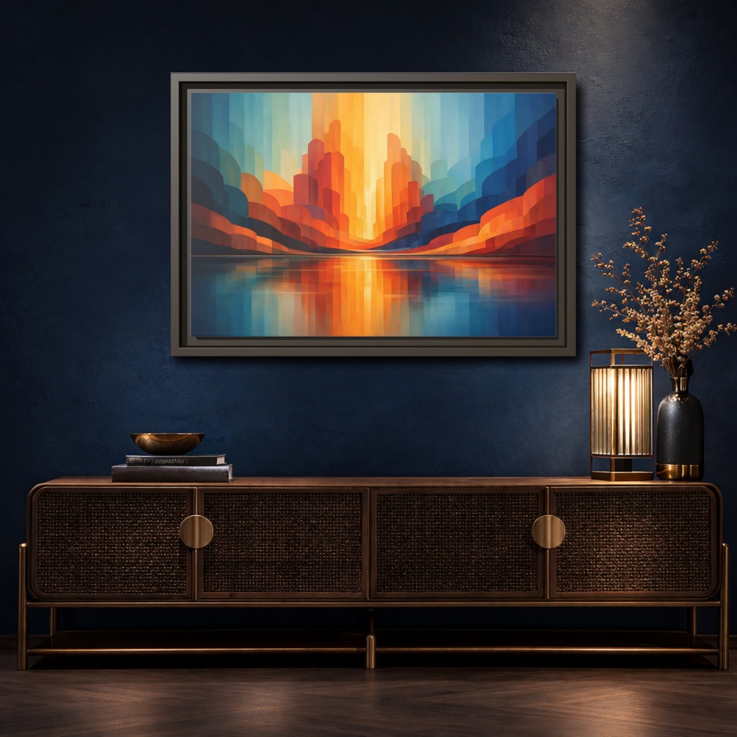 Mockup 4. Abstract Abstract Landscape Blue Orange Abstract shown as stretched canvas wall art