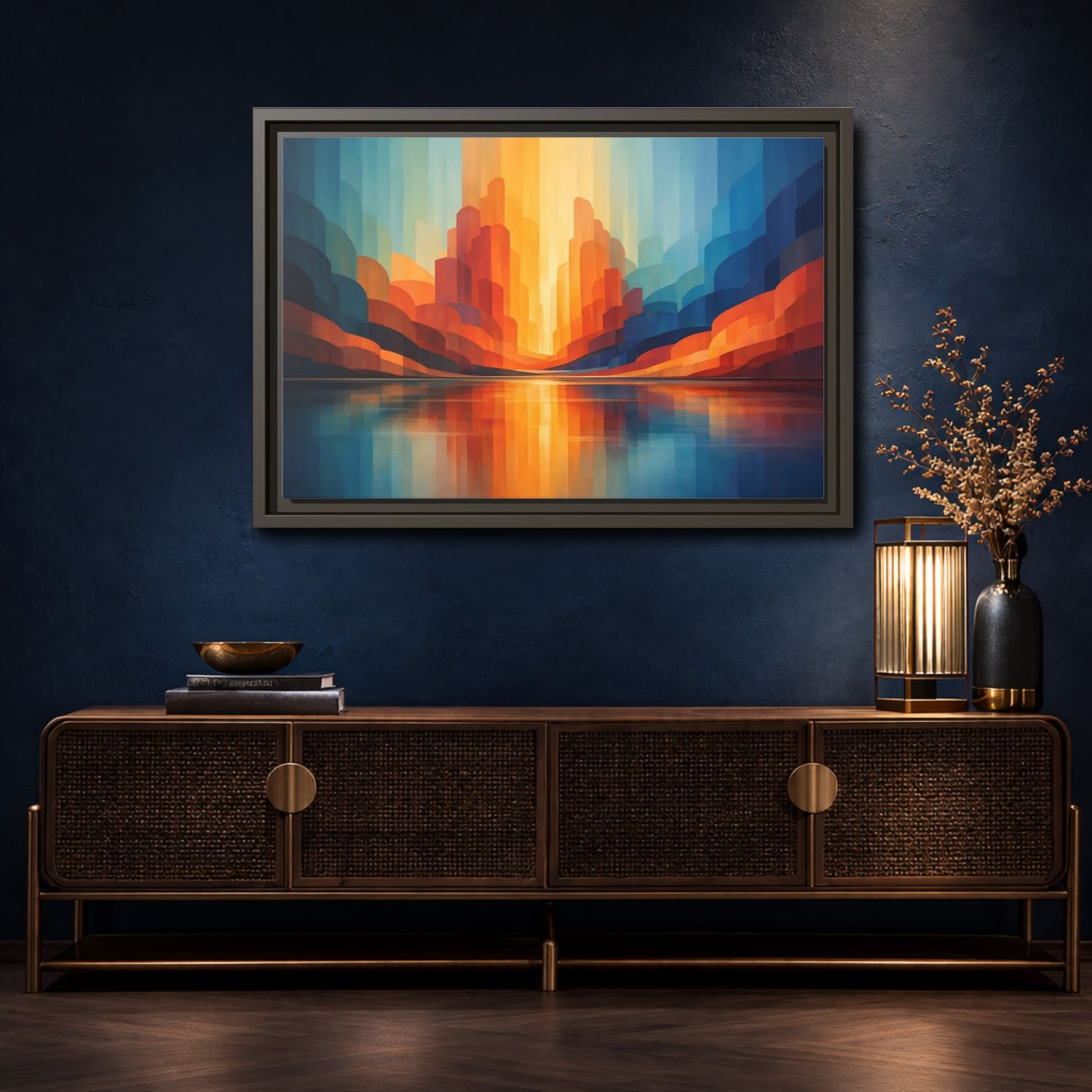 Mockup 4. Abstract Abstract Landscape Blue Orange Abstract shown as stretched canvas wall art