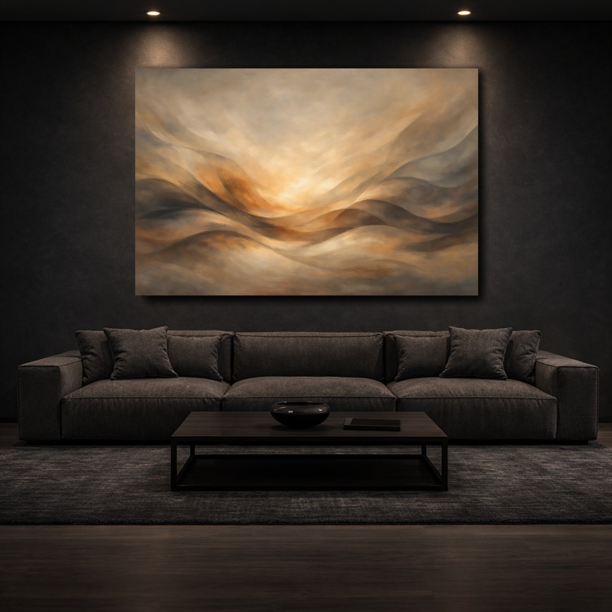 Mockup 2. Abstract Abstract Landscape Brown And Gold shown as stretched canvas wall art