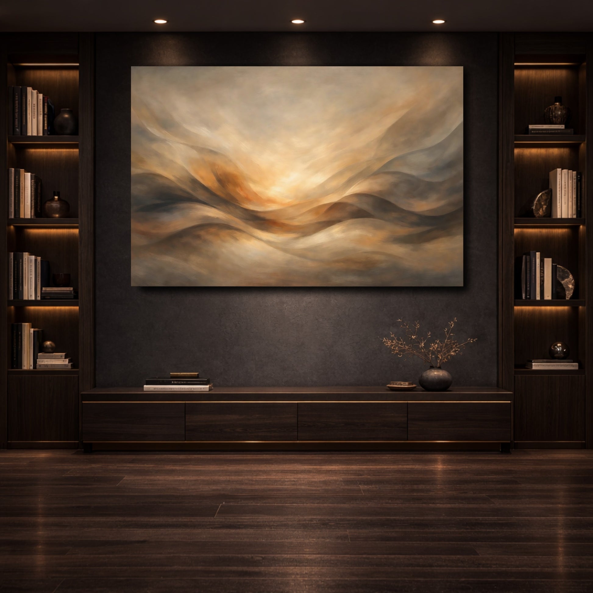Mockup 3. Abstract Abstract Landscape Brown And Gold shown as stretched canvas wall art