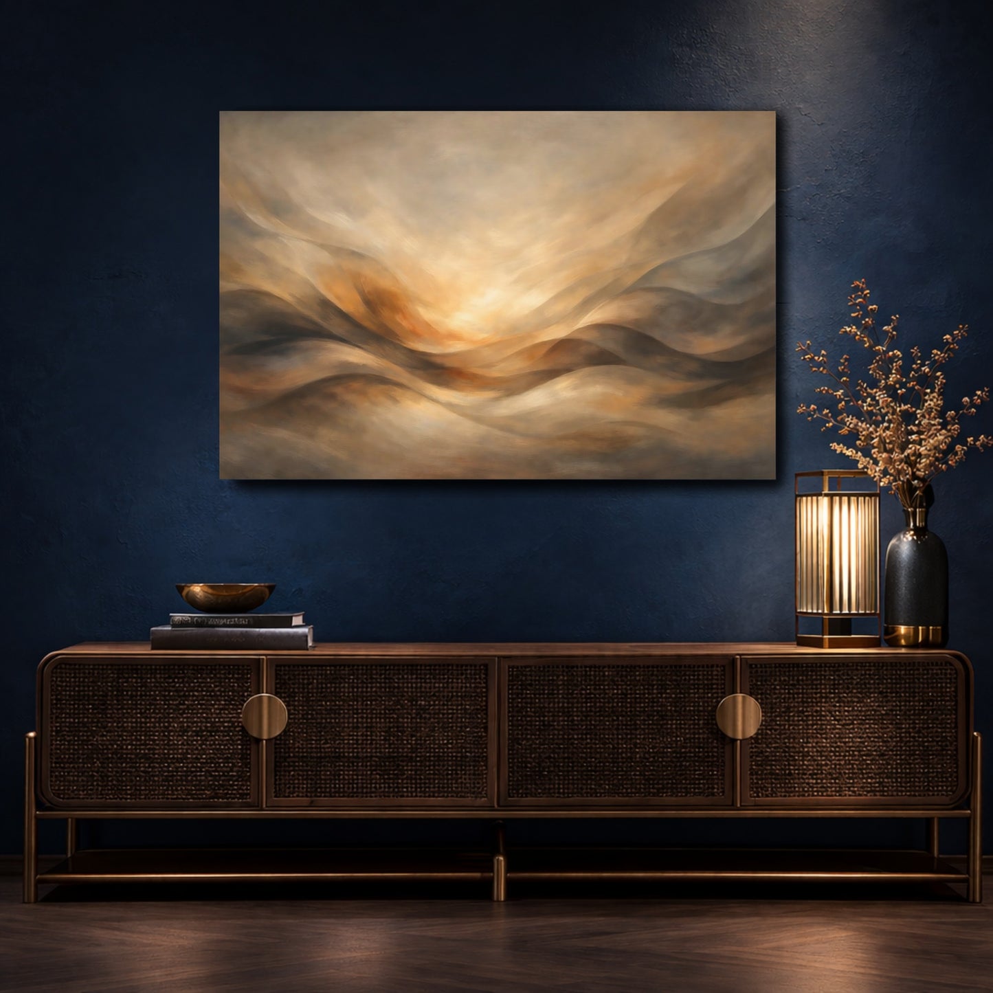 Mockup 4. Abstract Abstract Landscape Brown And Gold shown as stretched canvas wall art