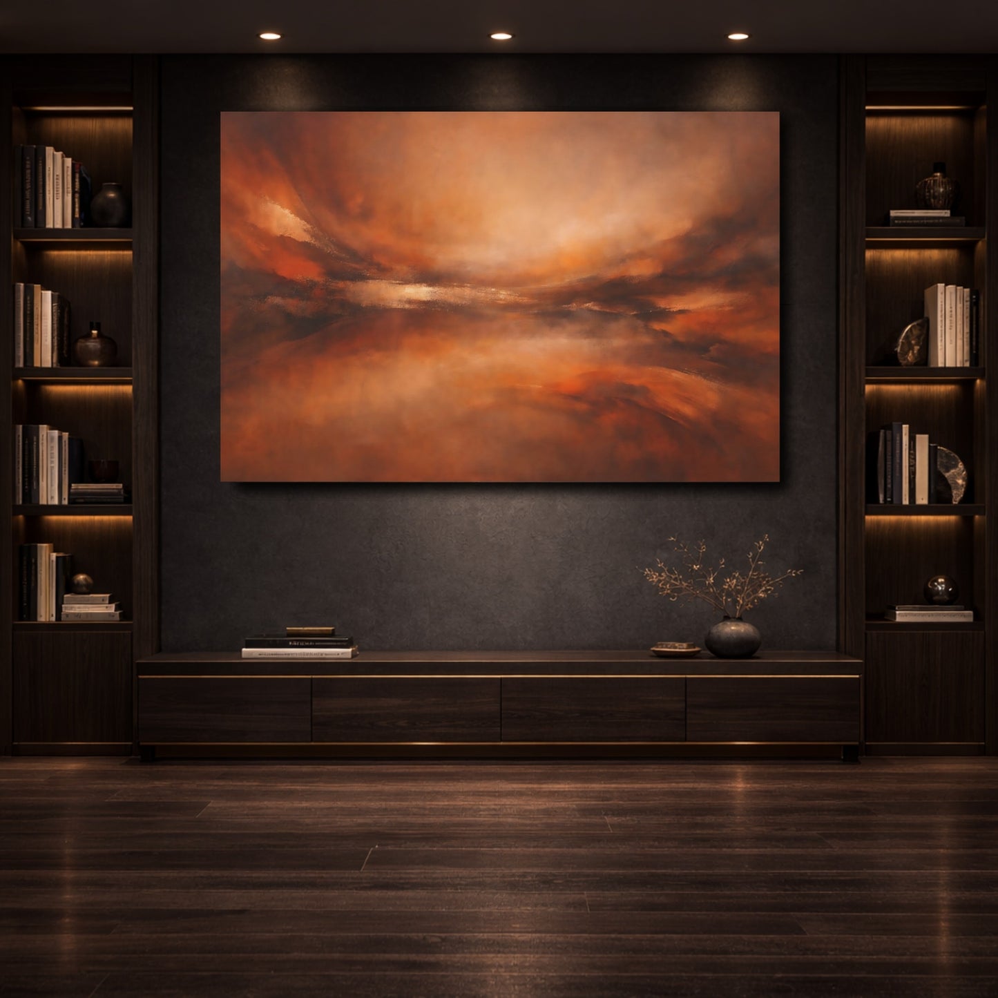 Mockup 3. Abstract Abstract Landscape Brown And Orange shown as stretched canvas wall art