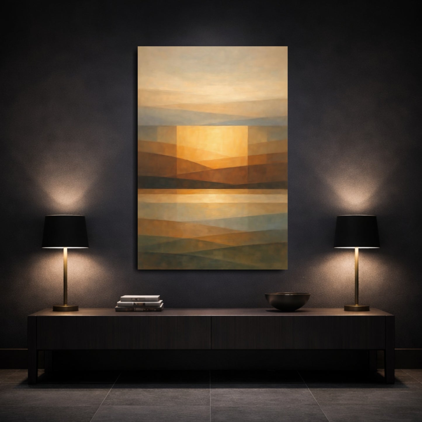 Mockup 2. Abstract Abstract Landscape Brown Gold Abstract shown as stretched canvas wall art