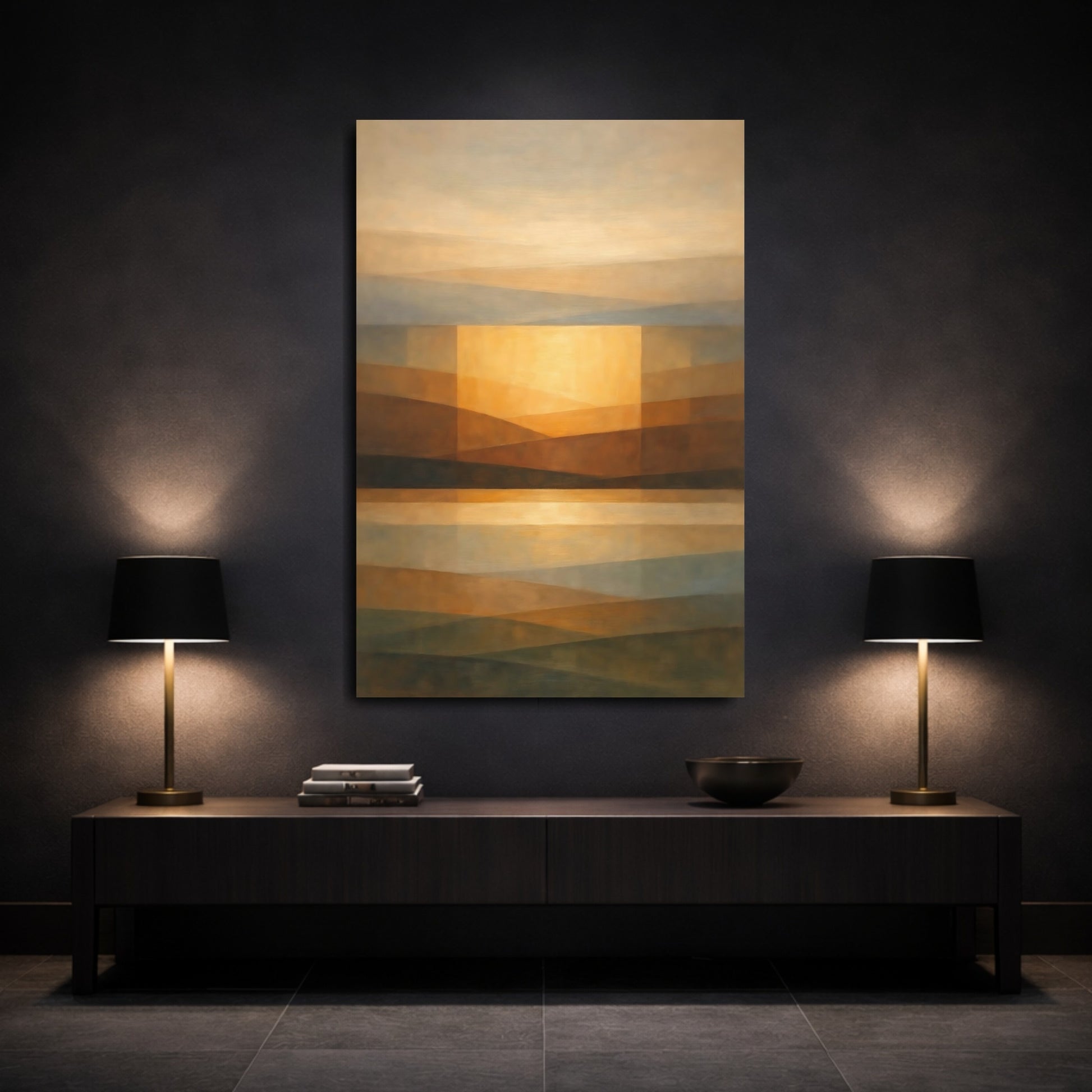 Mockup 2. Abstract Abstract Landscape Brown Gold Abstract shown as stretched canvas wall art