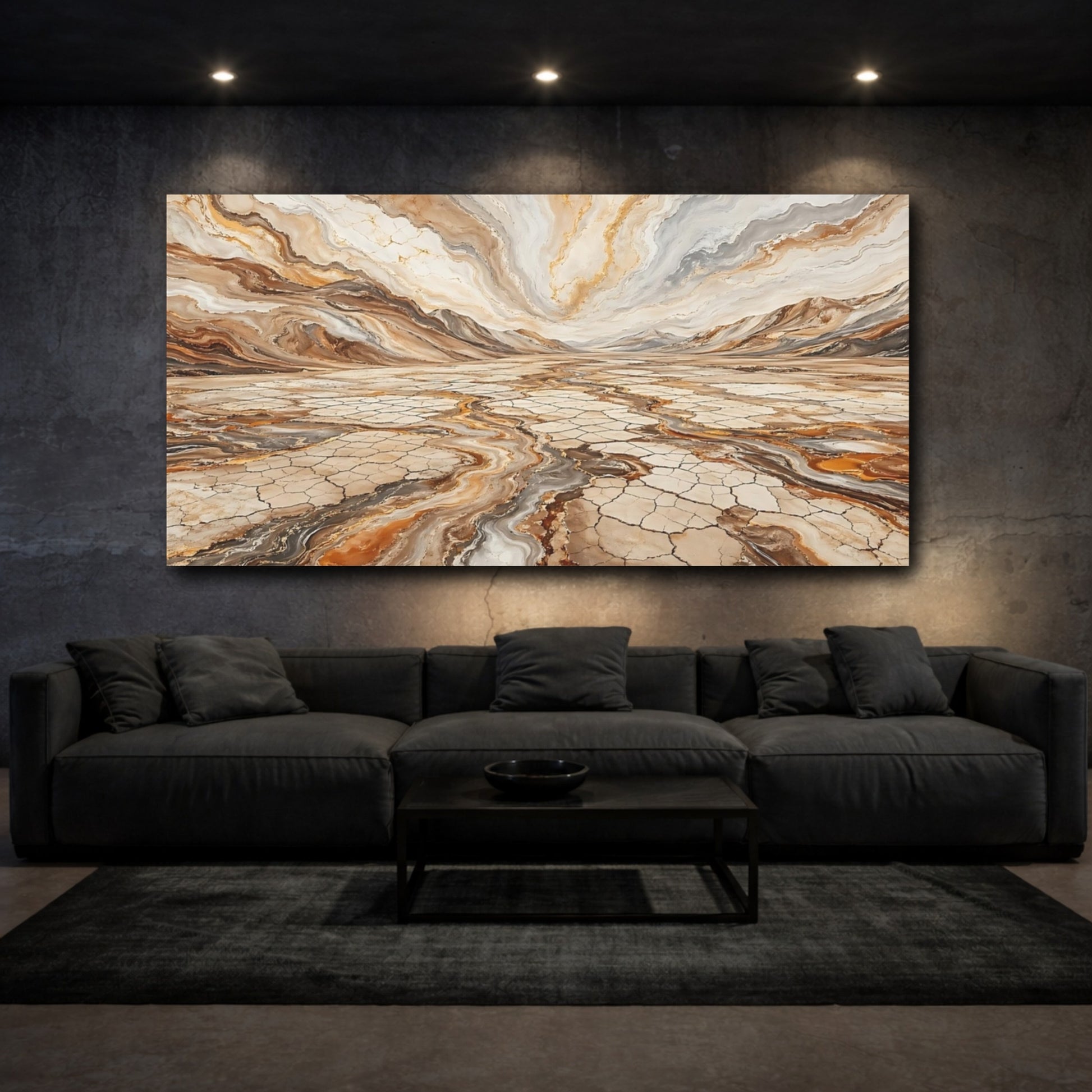 Mockup 2. Abstract Abstract Landscape Brown Gold Abstract shown as stretched canvas wall art