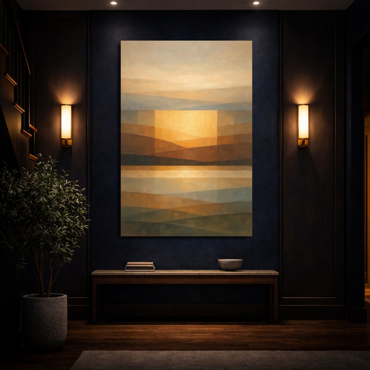 Mockup 3. Abstract Abstract Landscape Brown Gold Abstract shown as stretched canvas wall art