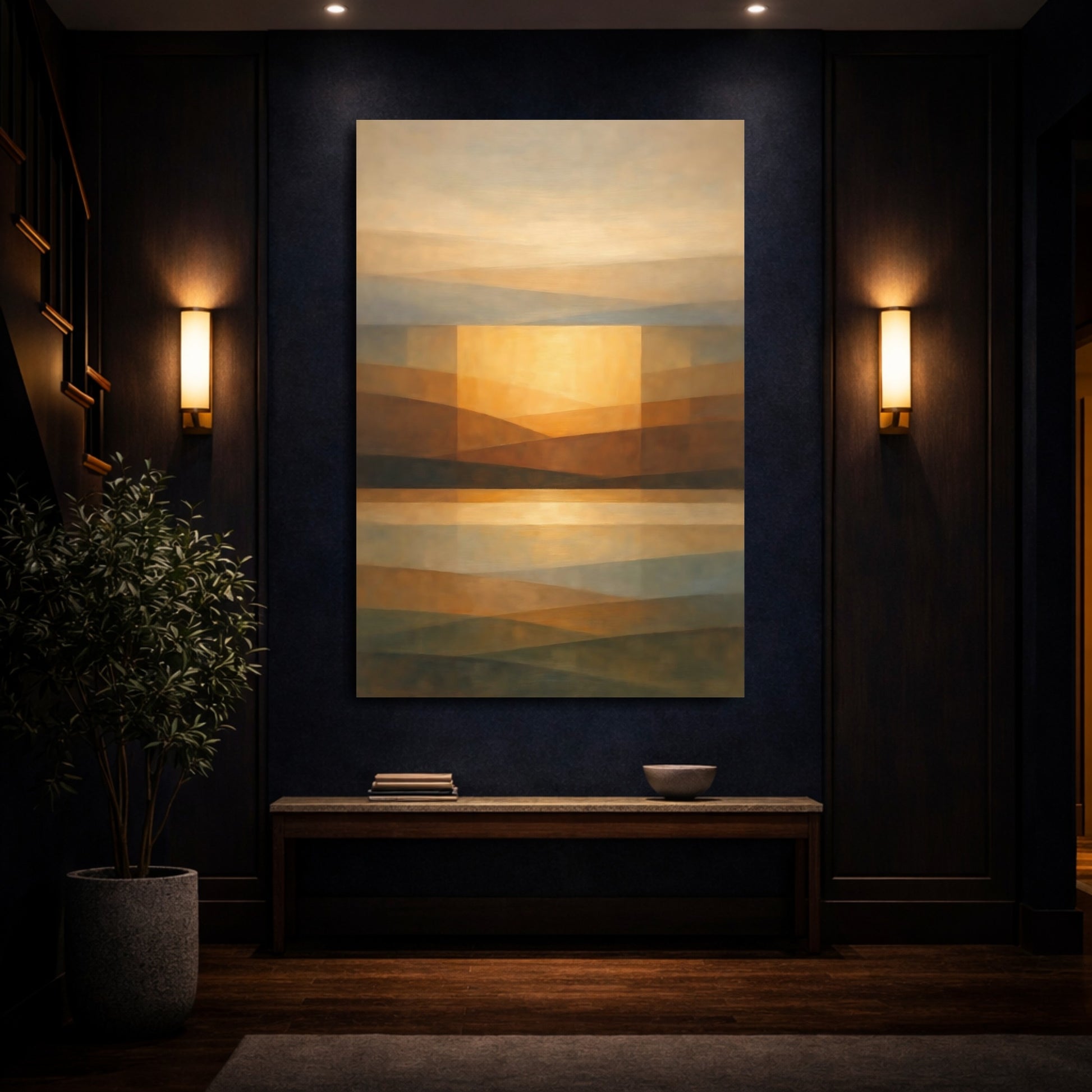 Mockup 3. Abstract Abstract Landscape Brown Gold Abstract shown as stretched canvas wall art