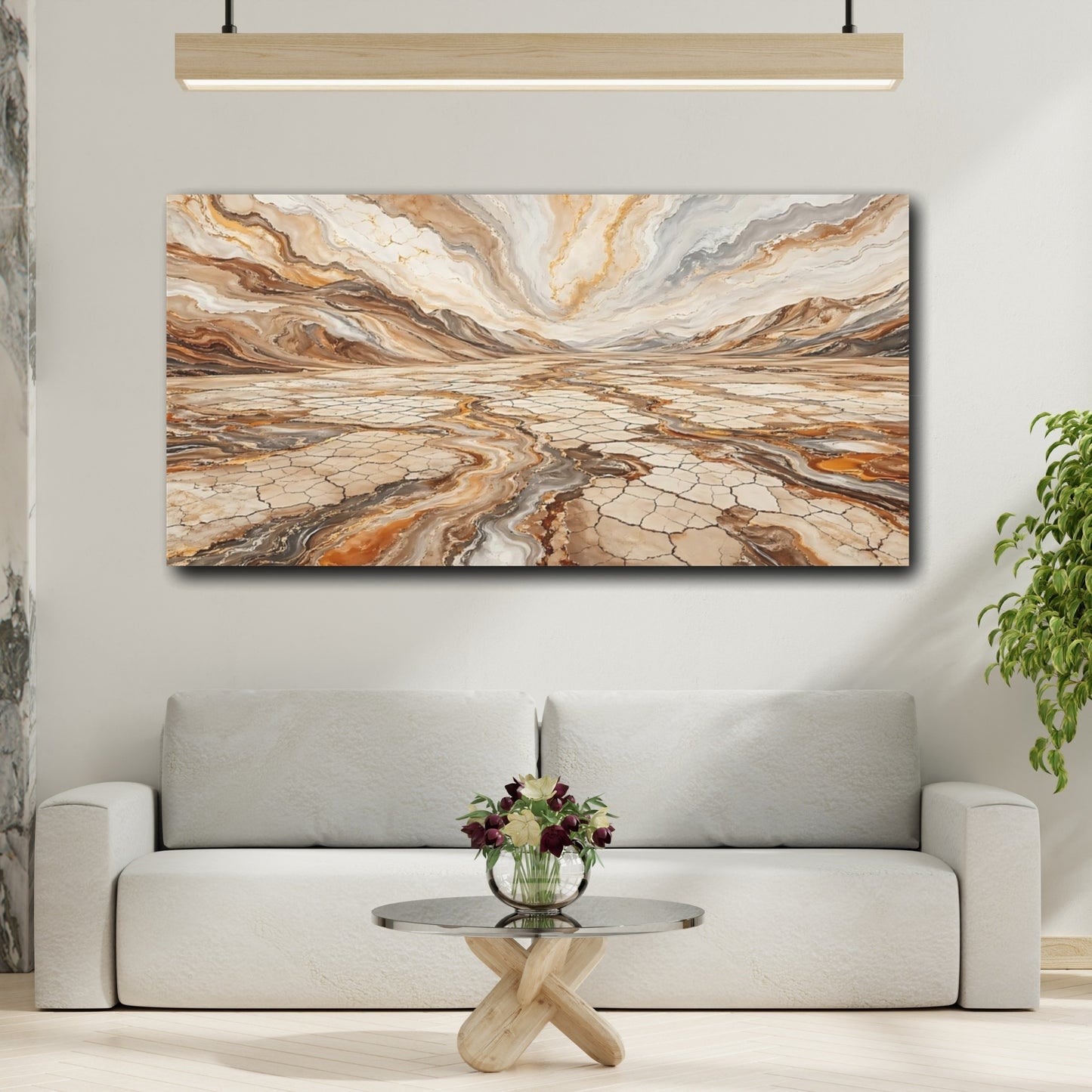 Mockup 3. Abstract Abstract Landscape Brown Gold Abstract shown as stretched canvas wall art