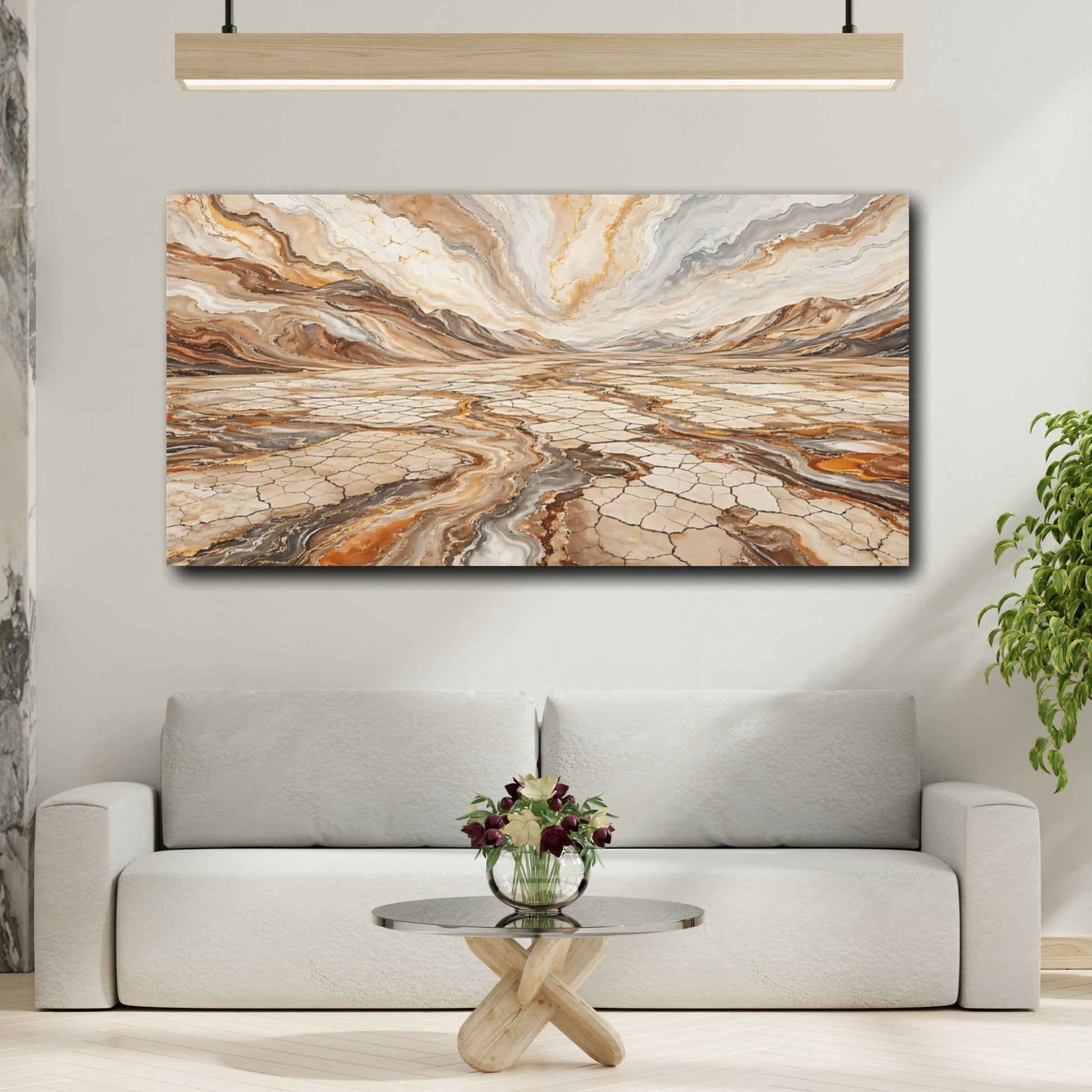Mockup 3. Abstract Abstract Landscape Brown Gold Abstract shown as stretched canvas wall art