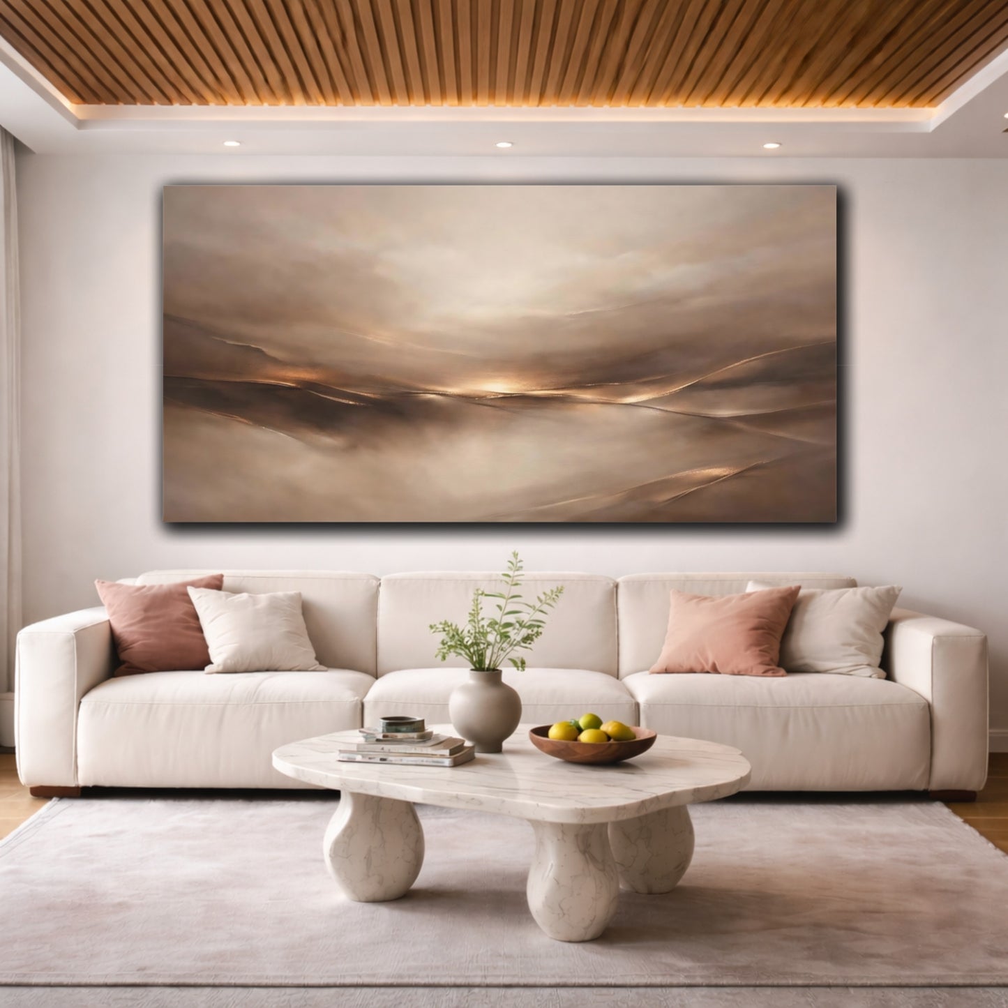 Mockup 3. Abstract Abstract Landscape Brown Gold Abstract shown as stretched canvas wall art