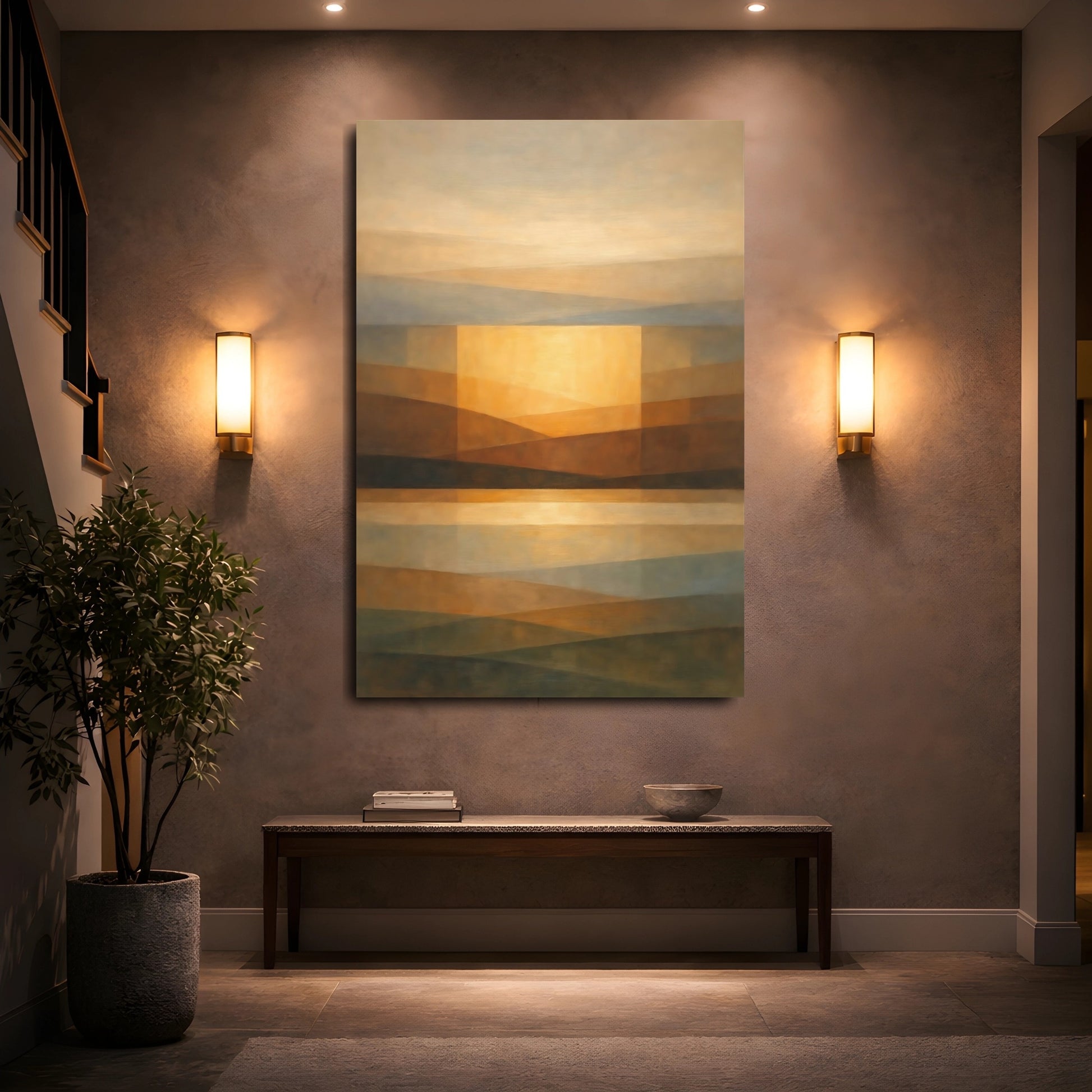 Mockup 4. Abstract Abstract Landscape Brown Gold Abstract shown as stretched canvas wall art