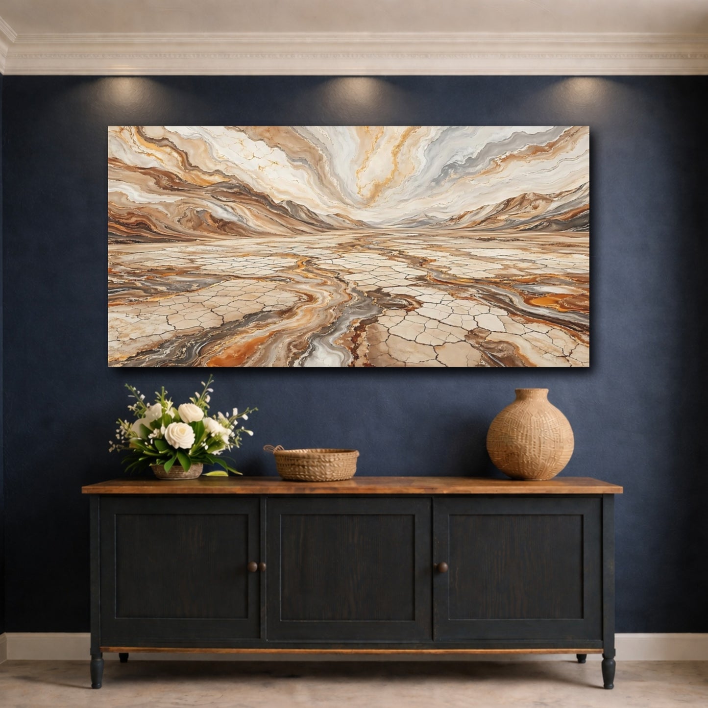 Mockup 4. Abstract Abstract Landscape Brown Gold Abstract shown as stretched canvas wall art