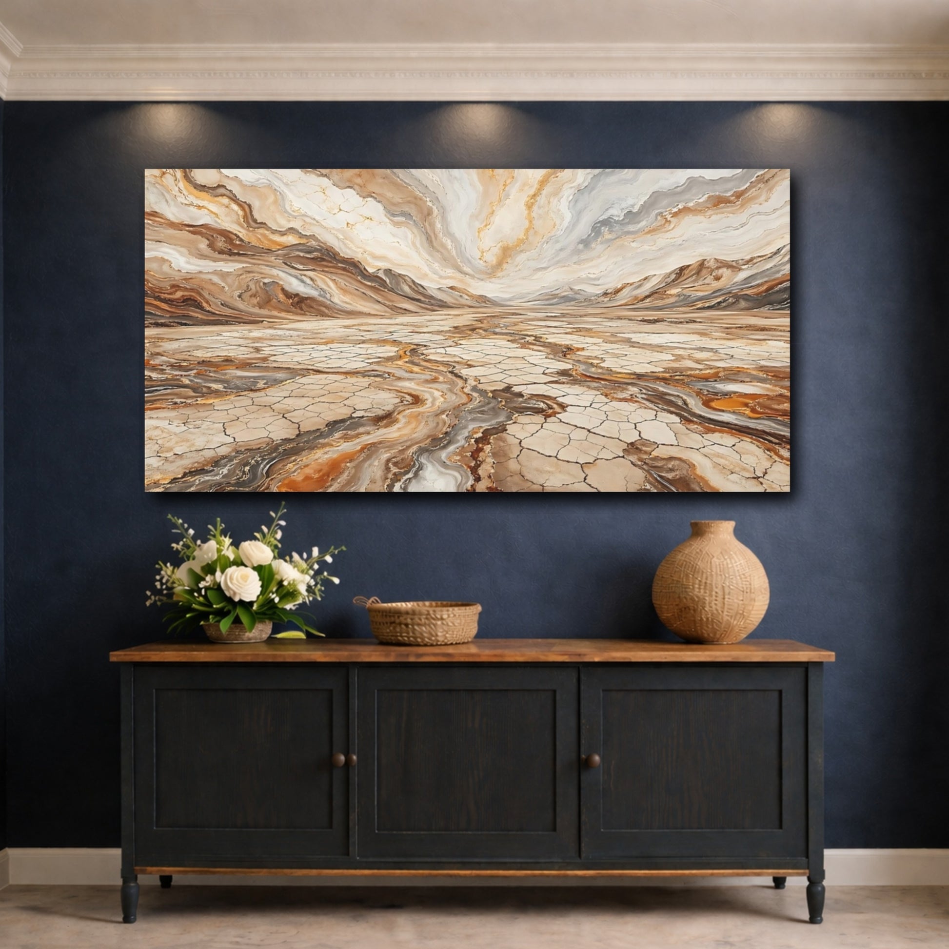 Mockup 4. Abstract Abstract Landscape Brown Gold Abstract shown as stretched canvas wall art