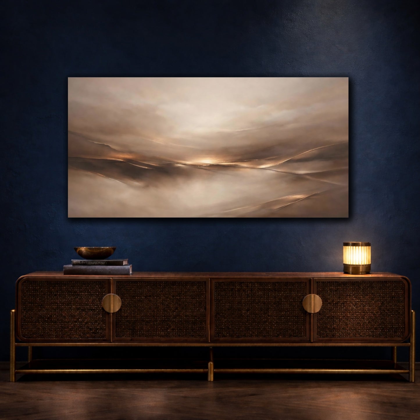 Mockup 4. Abstract Abstract Landscape Brown Gold Abstract shown as stretched canvas wall art