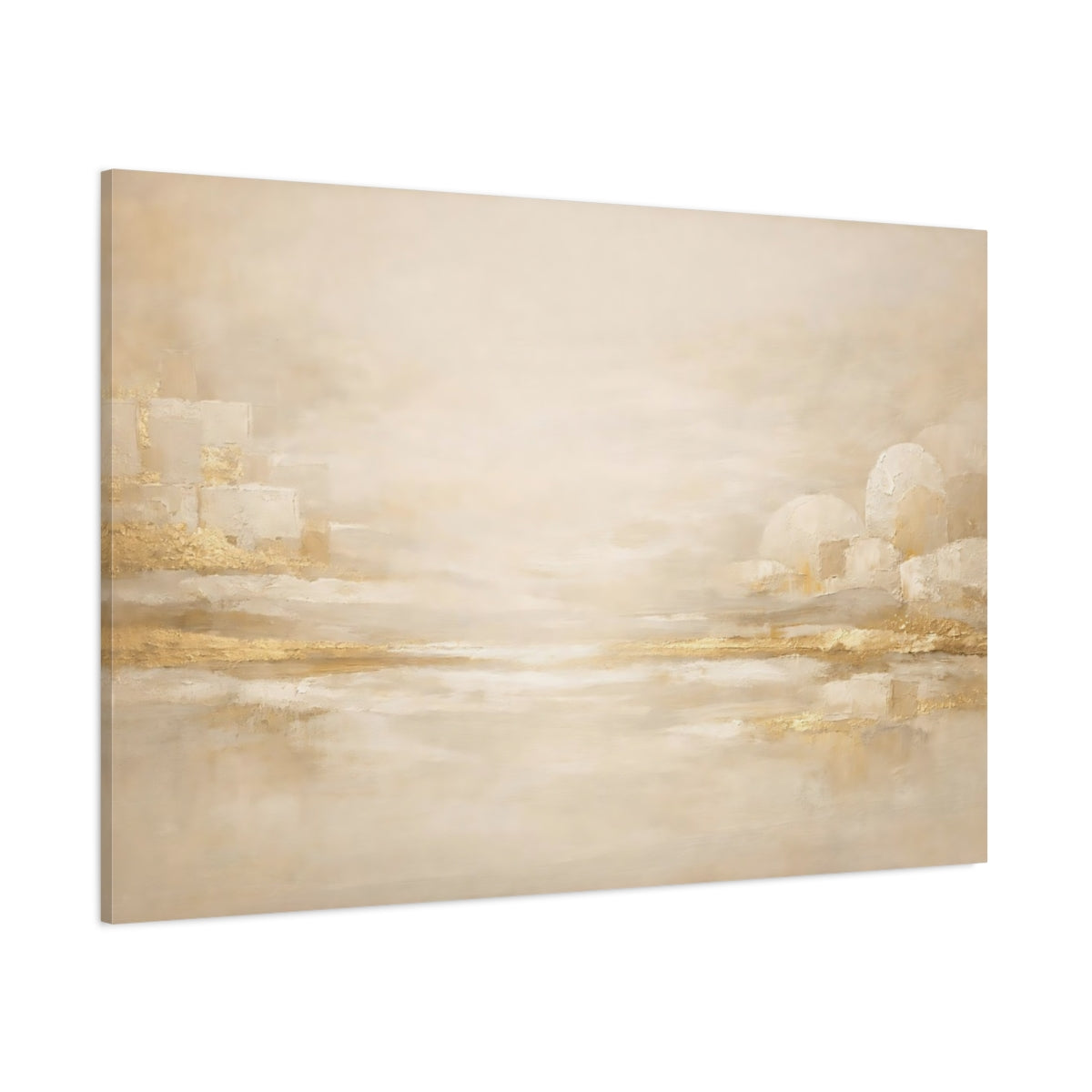 Main Mockup. Abstract Abstract Landscape Gold And Cream shown as stretched canvas wall art