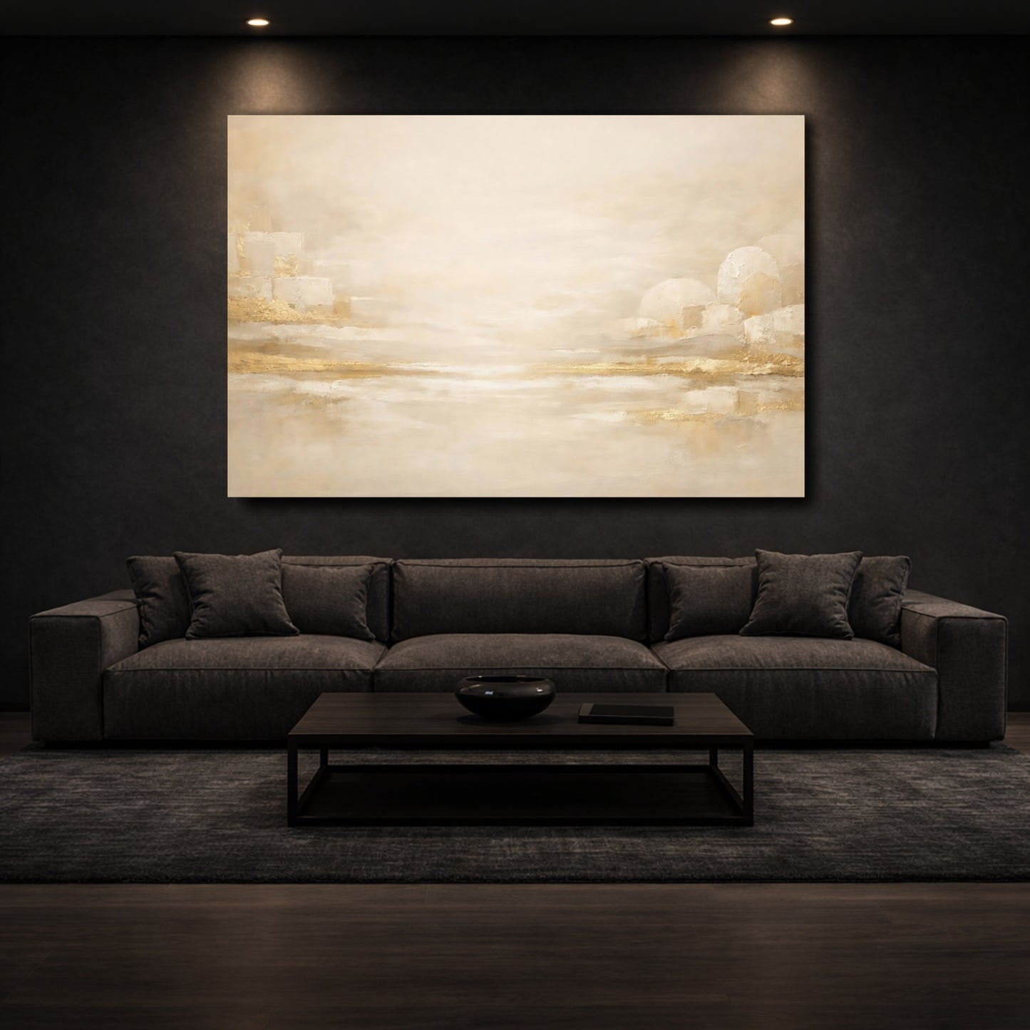 Mockup 2. Abstract Abstract Landscape Gold And Cream shown as stretched canvas wall art