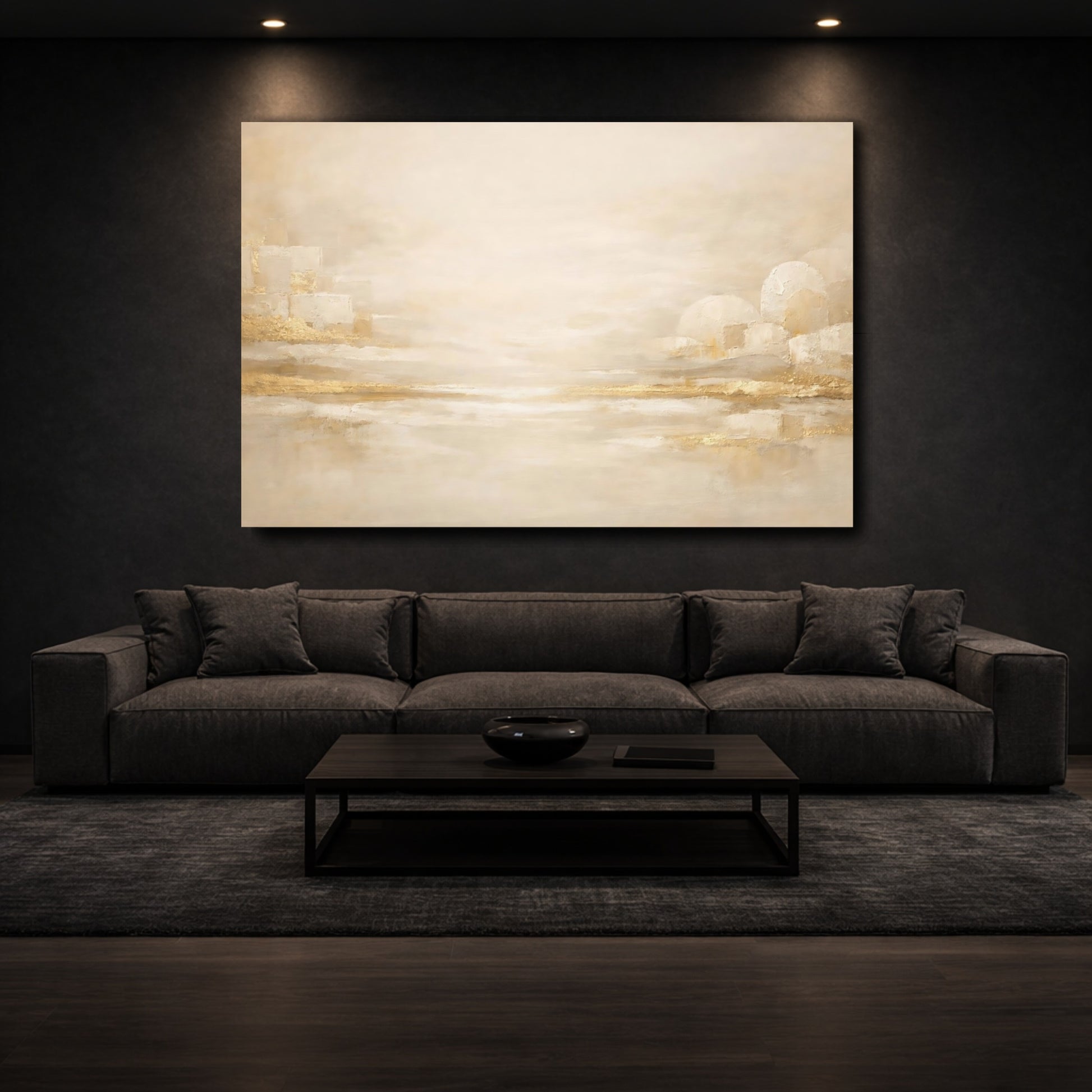 Mockup 2. Abstract Abstract Landscape Gold And Cream shown as stretched canvas wall art