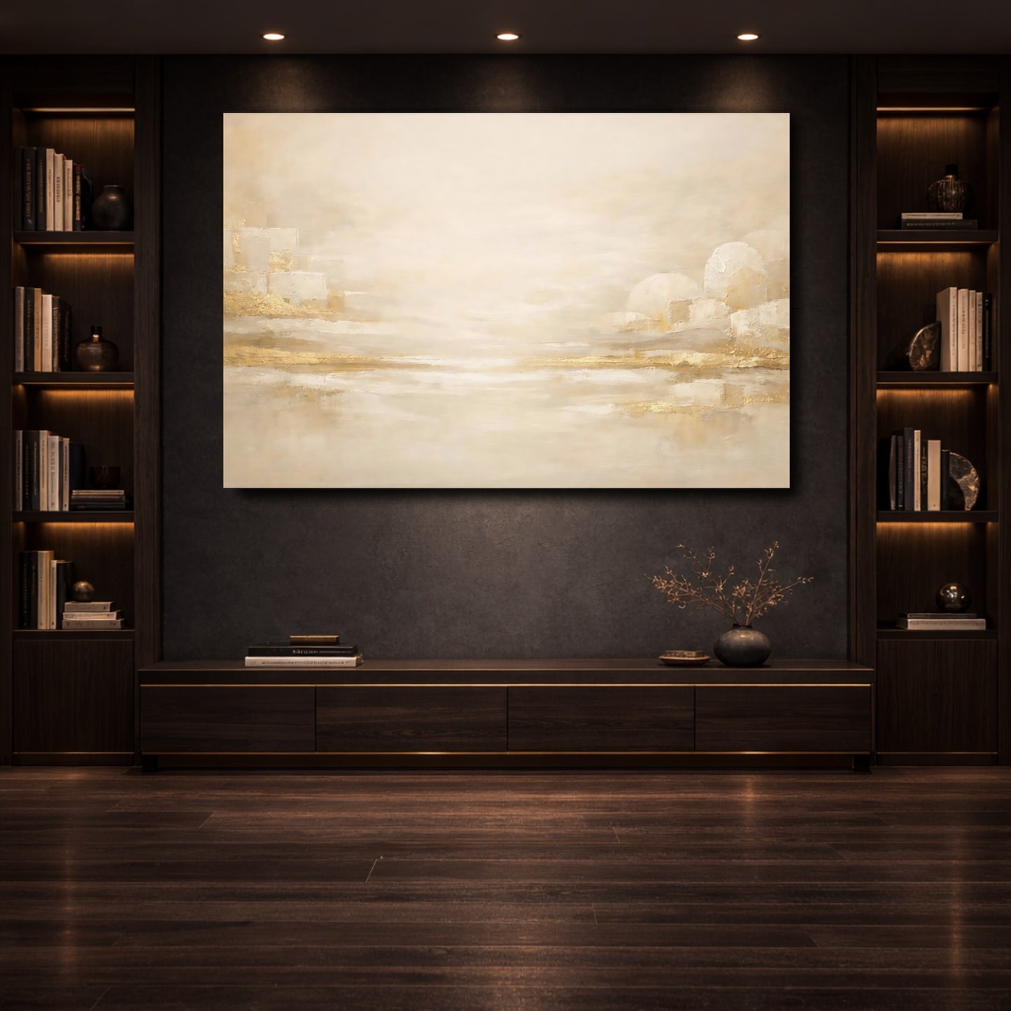 Mockup 3. Abstract Abstract Landscape Gold And Cream shown as stretched canvas wall art